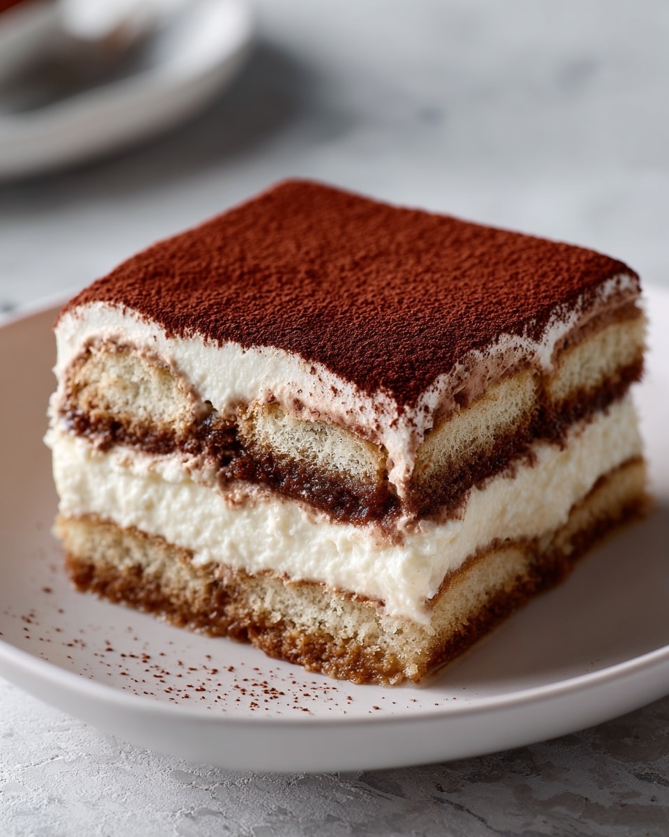 A white square dish holds a layered dessert with four visible layers. The bottom, second, and third layers consist of light brown cake soaked in coffee or syrup, with a moist texture. Between these are thick creamy white layers of smooth mascarpone filling. The top layer is evenly dusted with a deep brown cocoa powder, creating a fine, velvety surface. A section of the dessert is cut out, showing the rich layers inside. The dish sits on a white marbled textured surface. Photo taken with an iphone --ar 4:5 --v 7