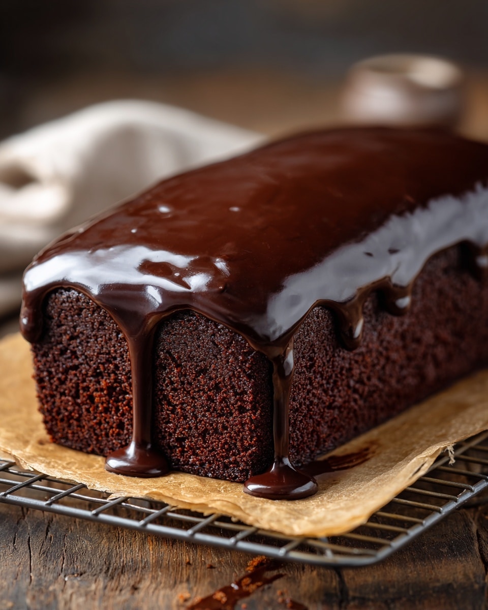 A rectangular chocolate cake with one rich dark brown layer sits on parchment paper on a metal cooling rack over a wood surface. The cake is covered with a thick, shiny chocolate glaze that drips over the sides in a smooth, glossy layer, creating a little drip at the corner. The cake layer looks soft and slightly crumbly with a dense texture. The photo taken with an iphone --ar 4:5 --v 7