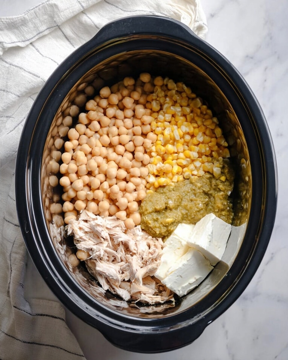 A close-up of a metal ladle holding a thick soup with shredded light-colored chicken, white beans, large pale yellow corn kernels, and small green pieces, all in a creamy beige broth. The background shows more of the same soup, with a smooth texture and small mixed bits, on a white marbled surface. The colors are soft and natural, highlighting the hearty ingredients. photo taken with an iphone --ar 4:5 --v 7