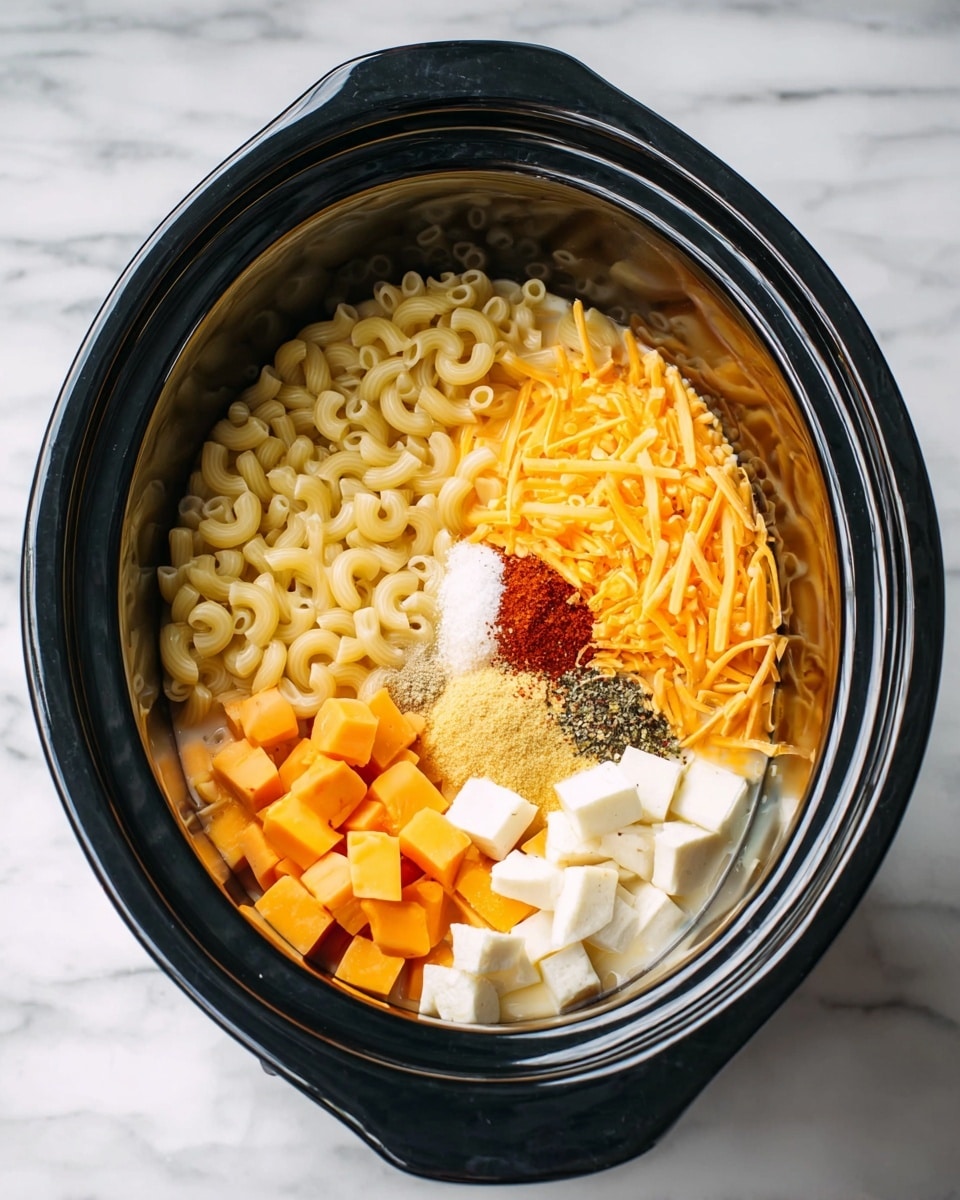 Inside a black slow cooker on a white marbled surface, dry elbow macaroni fills the left side with a pale yellow color and smooth texture. To the right of the macaroni, cubes of pale orange cheese and shredded bright orange cheddar cheese are stacked, mixed with small white cubes of butter at the bottom. On top of the shredded cheese, there are small piles of red and black spices, along with a dollop of light yellow mustard and a sprinkle of white flour. A creamy liquid, likely milk, sits beneath all the ingredients, partially visible through the gaps. The slow cooker is viewed directly from above. Photo taken with an iphone --ar 4:5 --v 7