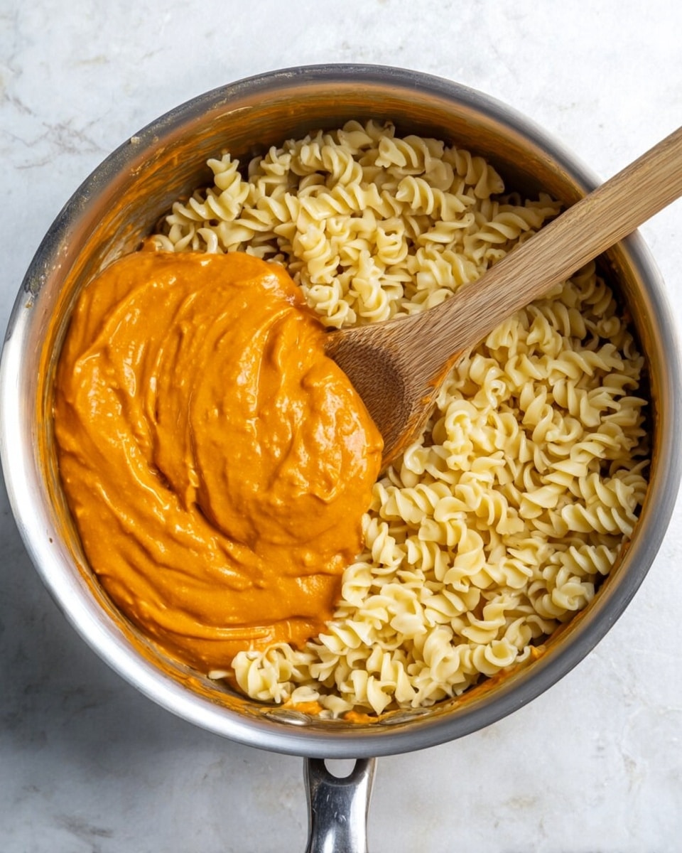 A close-up top view of a stainless steel pot filled with curly cooked pasta in a pale yellow color, covering the entire bottom layer. On top of the pasta, there is a thick, smooth orange sauce spread over the right side, ready to be mixed. A wooden spoon with a long handle is placed in the pot, dipping into the pasta and sauce. The pot sits on a white marbled surface. photo taken with an iphone --ar 4:5 --v 7