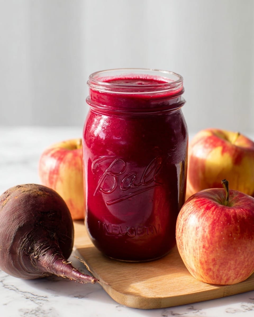 A clear glass jar filled with thick, deep red-purple puree sits on a light wooden board. Around the jar, there are two apples with smooth red and yellow skins and a rough-textured dark red beet with its stem attached. The scene is set on a white marbled surface with soft natural light coming from the left side, creating gentle shadows and highlights on the jar and fruits. The jar's embossed text adds texture and a vintage feel to the presentation. photo taken with an iphone --ar 4:5 --v 7