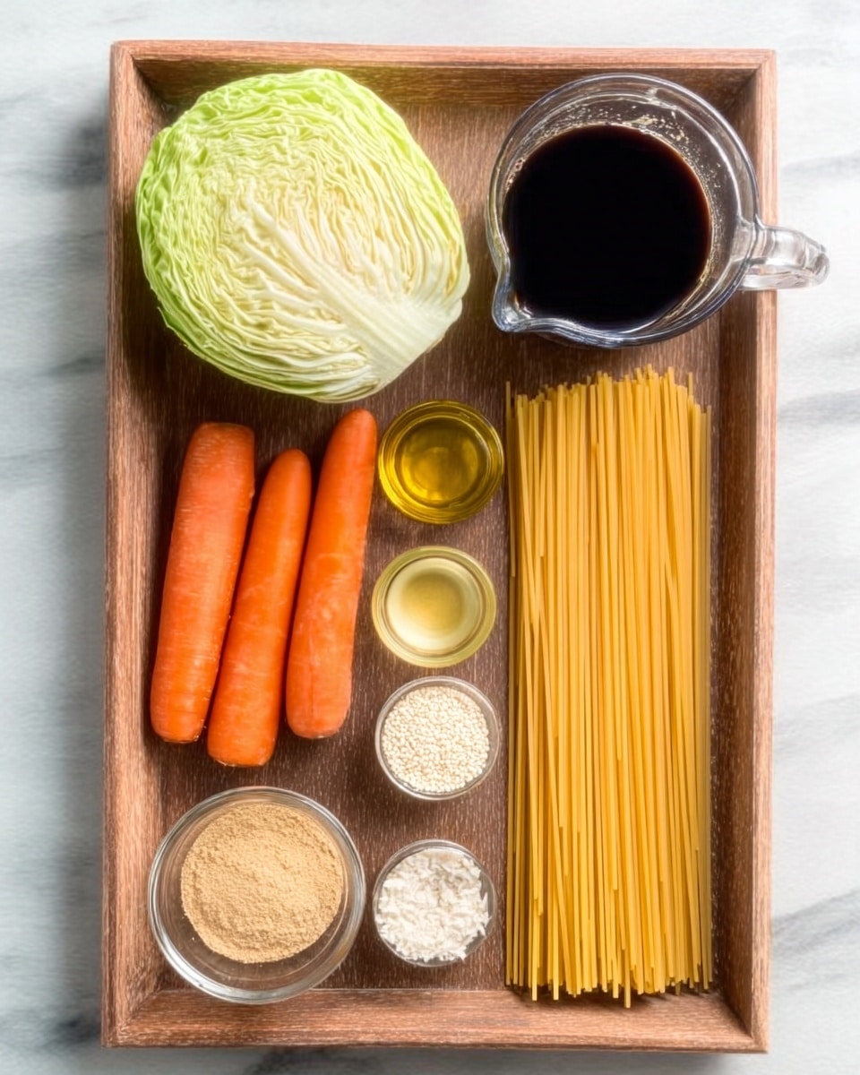 The image shows a wooden tray on a white marbled surface with seven items neatly arranged. On the top left, there is half of a green cabbage with a smooth texture. Next to it on the right is a clear pitcher filled with dark soy sauce, showing a glossy surface. In the middle left, there are three whole orange carrots with smooth skin. Below them is a small bowl with a beige powder, likely spices, and next to it on the right is a bundle of uncooked yellow spaghetti noodles spread out flat. Above the noodles to the right are two small clear bowls; one containing light yellow oil and the other white sesame seeds. At the bottom left corner of the tray is another small bowl with a light brown powder. photo taken with an iphone --ar 4:5 --v 7