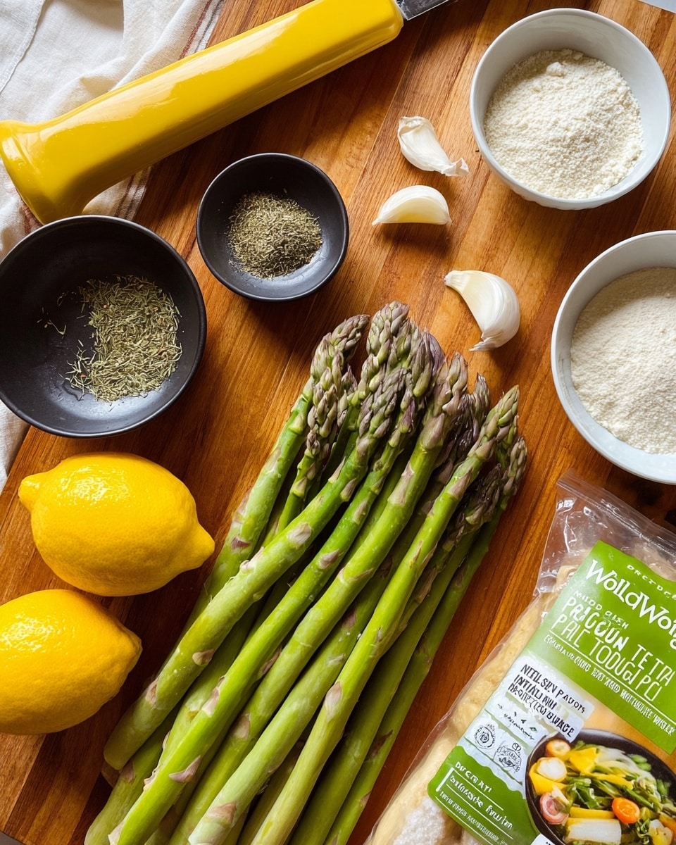 The image shows fresh green asparagus stalks laid diagonally on a wooden surface, with their tips slightly purple. Around the asparagus, there are two yellow lemons placed near the bottom left. A small black bowl on the top center contains dried herbs and salt, while a white bowl on the right holds white flour on one side and yellow powder on the other. Two peeled garlic cloves sit just above the white bowl. A yellow garlic press lies horizontally on the left side. At the bottom right, a clear plastic package labeled