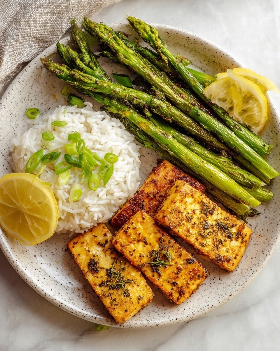 A speckled white round plate holds a meal arranged in three sections on a white marbled surface. On the left, there is a small mound of white rice topped with thinly sliced green onions. Above the rice, a cluster of bright green roasted asparagus spears with some char marks stretches across the plate. To the right, four golden brown rectangular tofu pieces with herbs and black pepper sprinkled on top are laying slightly overlapping. A thin lemon slice rests next to the asparagus, enhancing the colors and textures. photo taken with an iphone --ar 4:5 --v 7