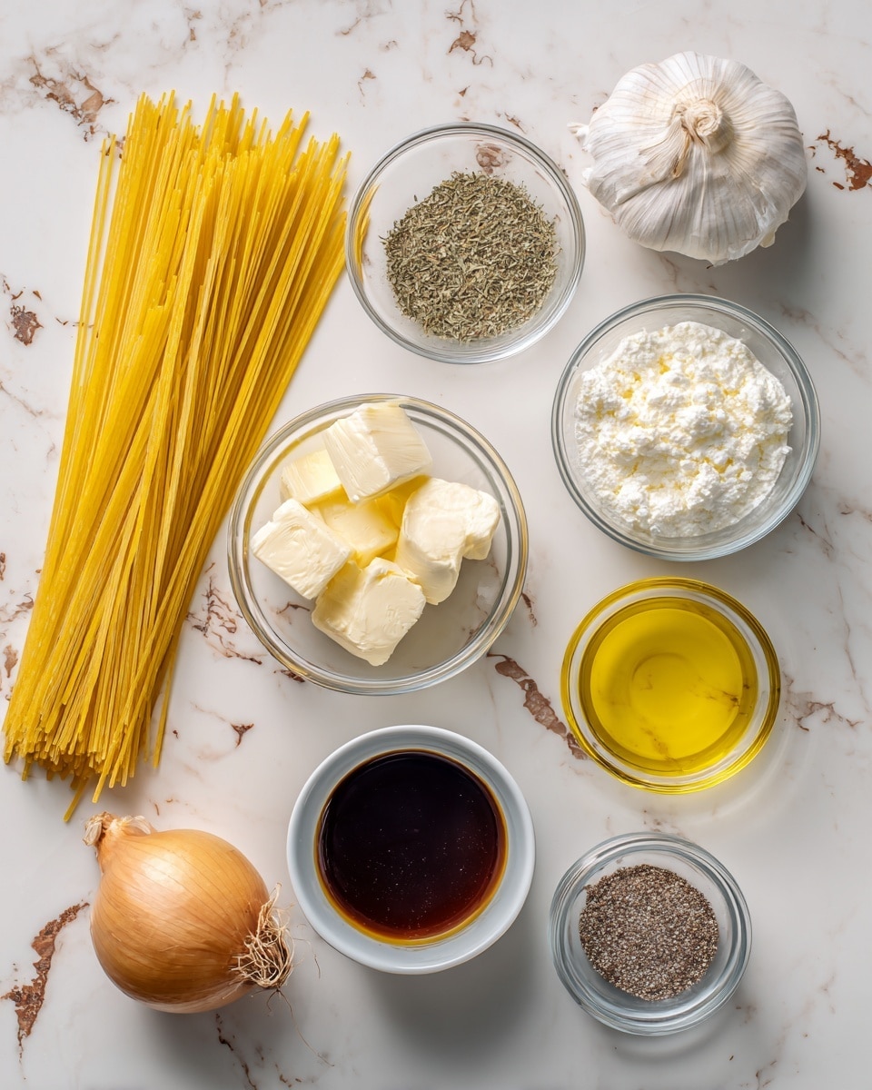 The image shows an overhead view of ingredients arranged neatly on a white marbled surface with a worn baking sheet as the base. On the left, there is a bundle of uncooked thin yellow pasta and a whole yellow onion with dry skin near the bottom. In the center, a small white bowl holds dried parsley flakes, and below it, a small clear glass bowl contains two chunks of creamy vegan butter. To the right, a clear glass bowl with thick white coconut milk sits near a whole bulb of white garlic with papery skin. Below that, a white bowl filled with dark brown vegan Worcestershire sauce. Near the bottom center is a small glass cup filled with golden olive oil. To the bottom right, a white bowl contains salt and pepper mixed together. All items are clear and well lit, arranged orderly. Photo taken with an iphone --ar 4:5 --v 7