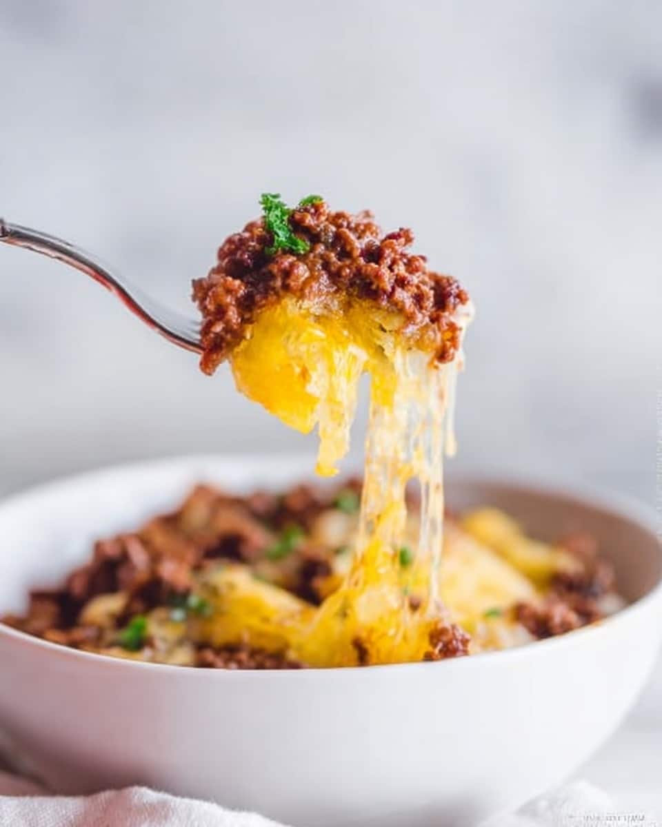 The image shows a close-up of a fork lifting a bite of food with melted yellow cheese stretching from the fork to a bowl below. The bowl is white and filled with a mix of browned ground meat and gooey melted cheese on a white marbled surface. In the background, the rest of the bowl is softly blurred, filling the scene with warmly colored food in tones of brown and yellow. The photo is bright and clean with a soft focus on the forkful of food. Photo taken with an iphone --ar 4:5 --v 7