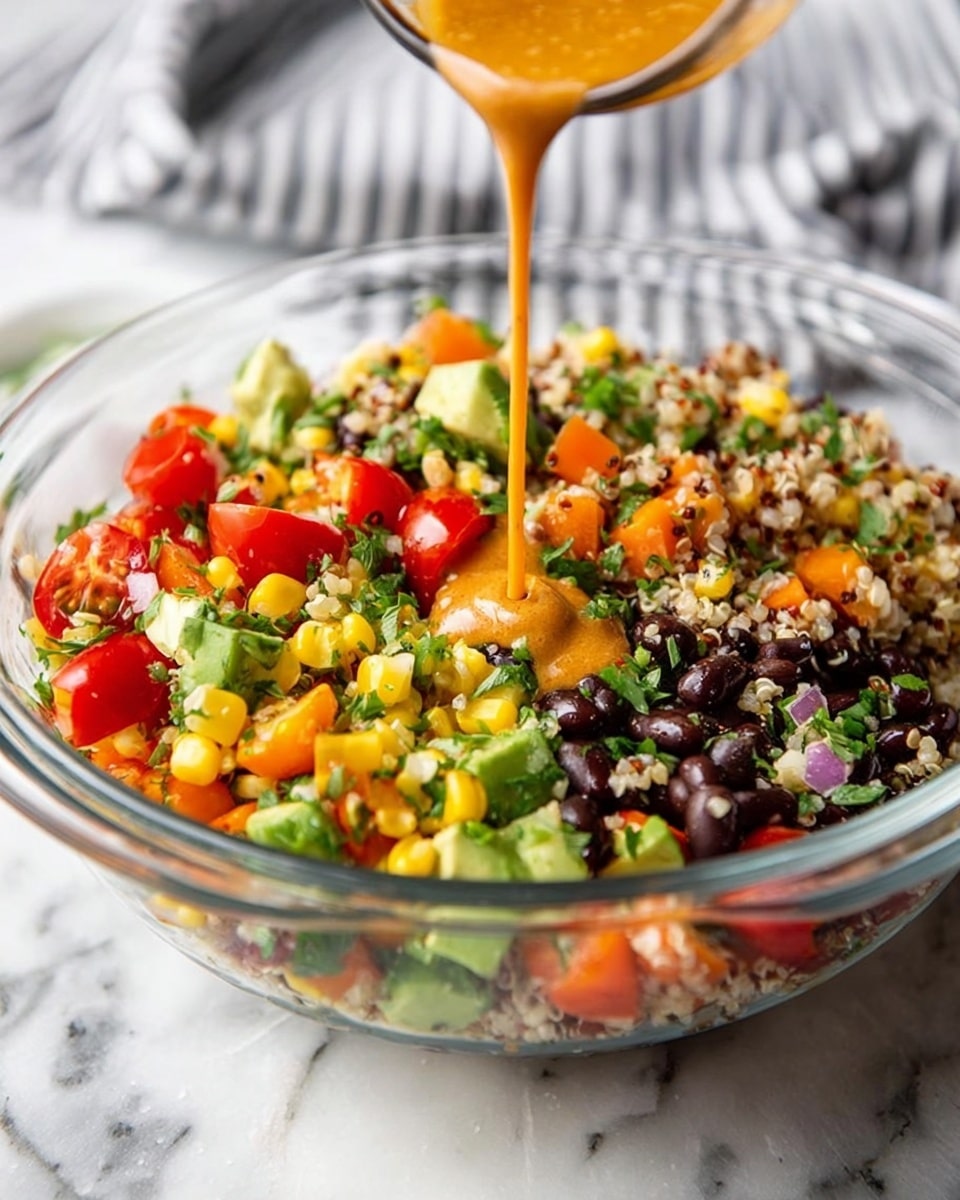 A clear glass bowl filled with a colorful salad layered with small cooked grains as the base, mixed with bright yellow corn, black beans, chopped orange bell peppers, halved red cherry tomatoes, green chopped herbs, and small pieces of light green avocado. A sauce with an orange color is being poured over the salad from above. The bowl is set on a white marbled surface with a blurred gray-striped cloth in the background. photo taken with an iphone --ar 4:5 --v 7