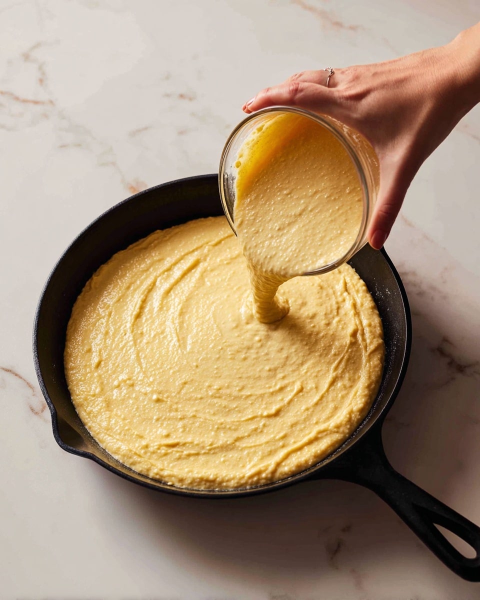 A close-up image shows a cast iron pan with a black non-stick surface placed on a white marbled table. A woman's hand holds a glass bowl tilted, pouring a smooth, light yellow batter into the pan, creating an even layer covering the pan’s base. The batter has a creamy texture, beginning to spread easily as it touches the pan. Photo taken with an iphone --ar 4:5 --v 7