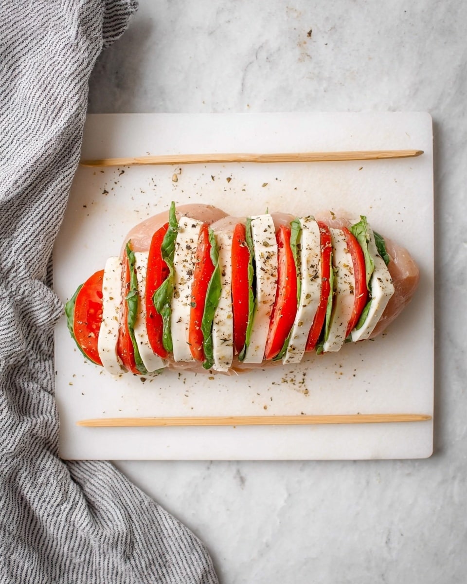 A raw chicken breast is sliced almost all the way through, creating seven vertical layers. Between each layer, there is a green leafy basil, a white mozzarella slice, and a red tomato slice, neatly stacked in alternating order. The chicken breast is sprinkled with black pepper and herbs, laying on a white cutting board with two small wooden sticks parallel above and below it. A gray and white striped cloth is partially visible on the left side, and the background is a white marbled surface. Photo taken with an iphone --ar 4:5 --v 7