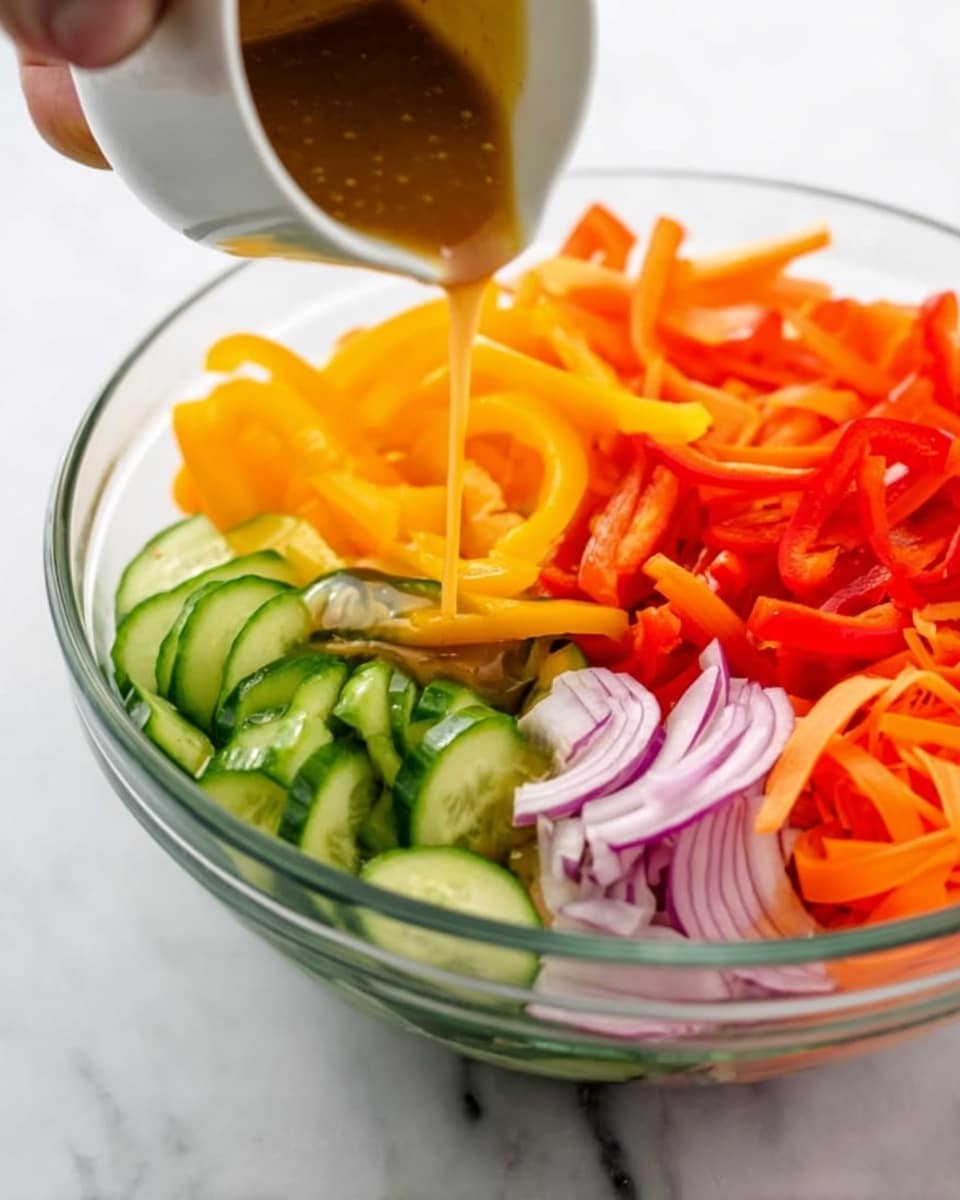A clear glass bowl filled with colorful sliced vegetables arranged in layers: bright red and yellow bell pepper rings at the top right, thin orange carrot strips beside them, neatly sliced light purple shallots at the bottom right, and fresh green cucumber rounds forming a semi-circle at the bottom left. A woman's hand pours a golden brown dressing from a small white cup over the vegetables. The bowl rests on a white marbled surface. photo taken with an iphone --ar 4:5 --v 7