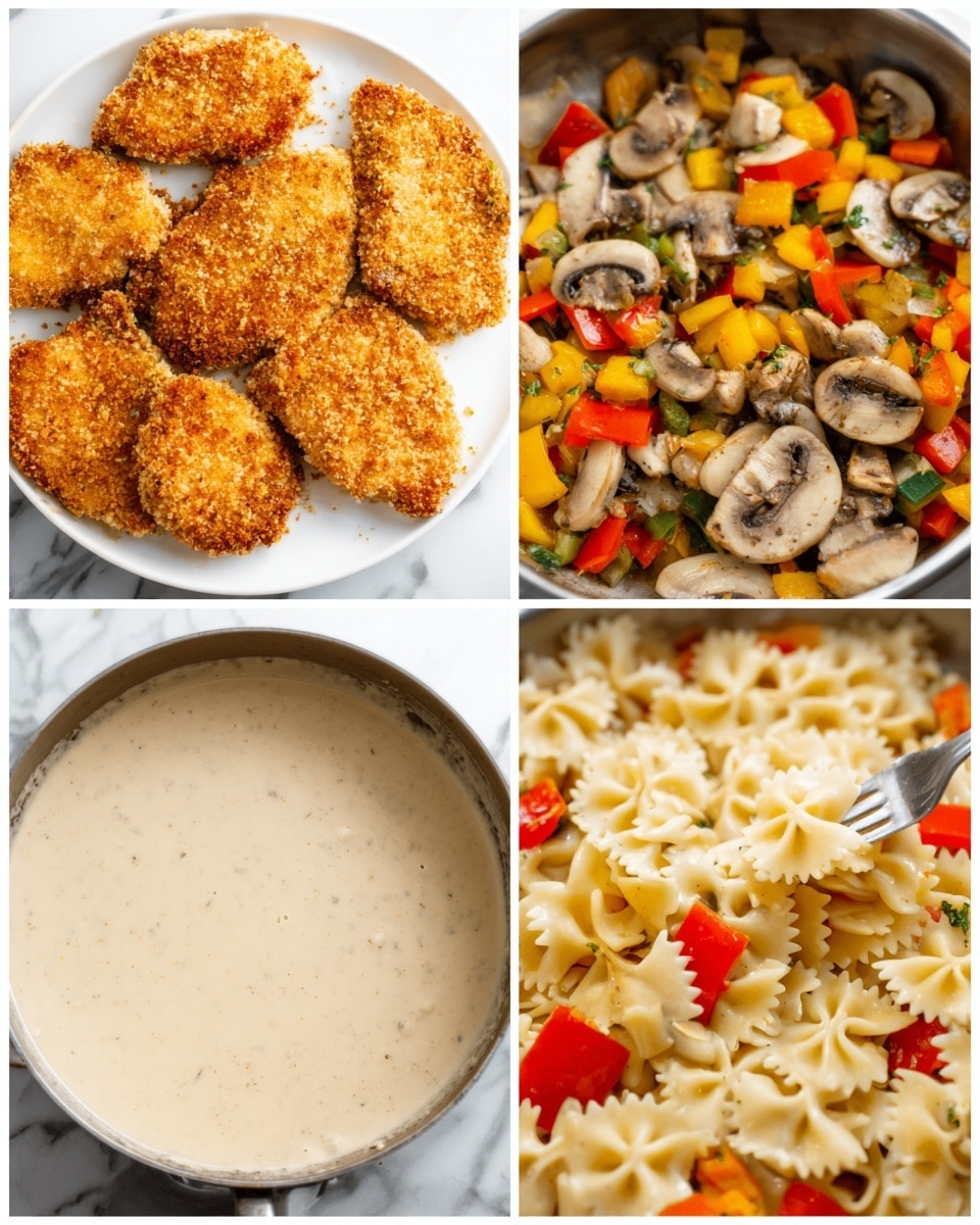 The image is divided into four parts showing different stages of a dish on a white marbled surface. The top left part shows four pieces of golden brown crispy coated meat with a crunchy texture lying flat on a white plate. The top right part has a mix of chopped mushrooms, yellow bell peppers, and red bell peppers in a pan, with a soft and colorful texture. The bottom left part shows a creamy, smooth, light beige sauce in a pan with a silky texture. The bottom right part displays cooked bowtie pasta topped with the chopped mushroom and bell pepper mix, the pasta is pale yellow with ridged edges, and the vegetables on top add bright spots of red, yellow, and white. There is a woman's hand holding a fork with some pasta. Photo taken with an iphone --ar 4:5 --v 7