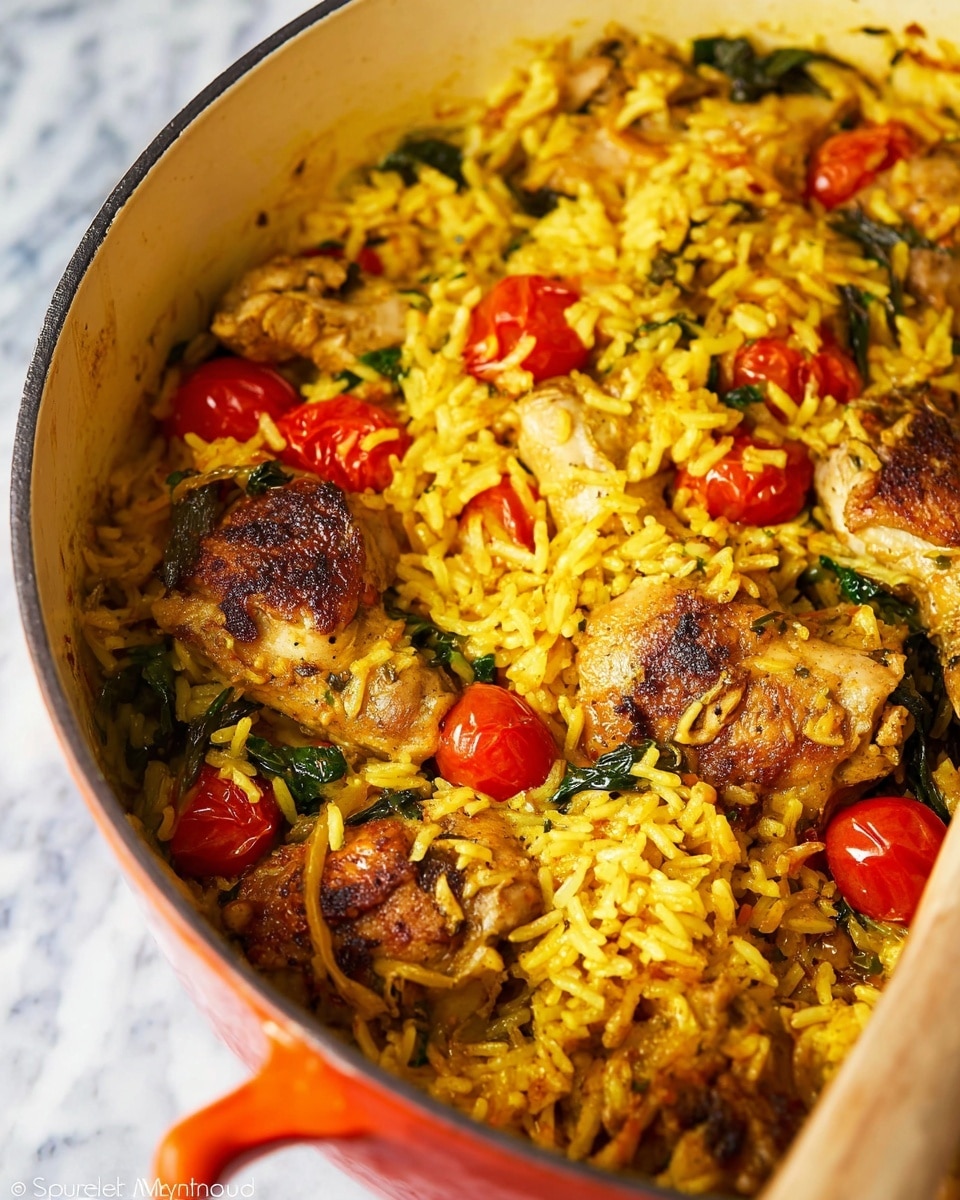 The dish is served on a white plate placed on a rustic round wooden tray. The food has two main layers: a base of yellow rice mixed with small pieces of greens and cooked cherry tomatoes around the edges, and on top of the rice, a dollop of smooth, creamy white sauce. The rice looks moist with a slightly fluffy texture, and the cherry tomatoes are bright red and slightly wrinkled from cooking. To the left of the plate is a silver fork resting on a soft blue cloth with visible stitching, and in the top right corner, a black bowl filled with more creamy white sauce is partially visible. The whole scene is set on a white marbled surface. Photo taken with an iphone --ar 4:5 --v 7