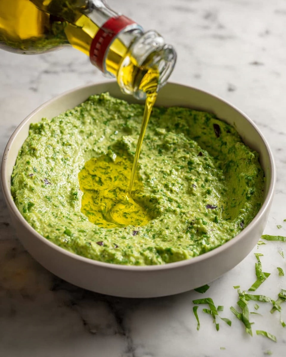 A round white bowl filled with a thick green sauce that has a textured, slightly chunky surface with small bits of darker green and purple throughout. A thin stream of golden yellow oil is being poured onto the center of the sauce from a glass bottle with a red ring near the opening. Small pieces of green herbs are scattered around the bowl on a white marbled surface. The lighting is soft and natural, highlighting the fresh, homemade look of the dish. photo taken with an iphone --ar 4:5 --v 7