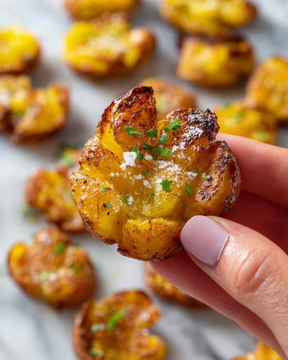A close-up of a woman's hand holding a crispy, golden brown smashed potato with visible charred spots and coarse salt flakes on top, garnished with small green herbs. The background shows many similar smashed potatoes out of focus spread on a white marbled surface. The potato texture is crunchy with some rough edges and a soft center. Photo taken with an iphone --ar 4:5 --v 7