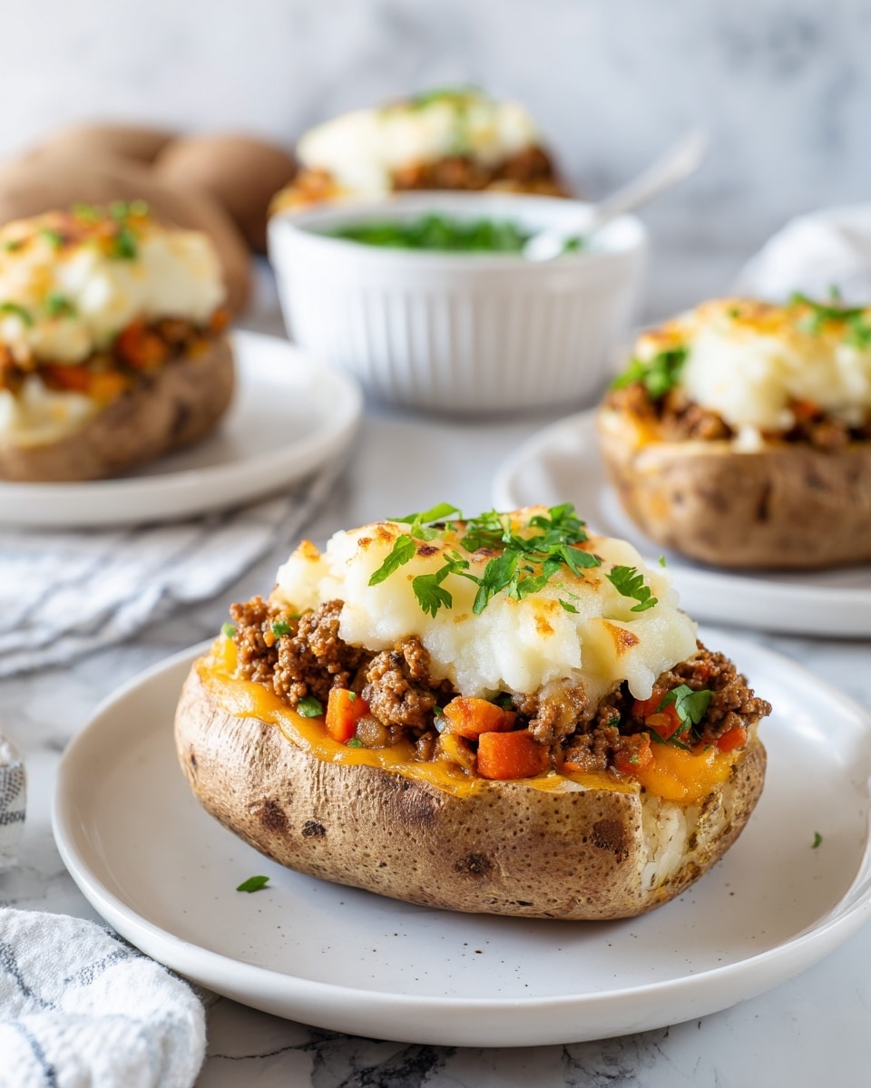 The image shows a stuffed potato on a white plate with a white marbled surface background. The potato is halved and hollowed, acting as the base layer with a light brown, slightly textured skin. Inside, there is a layer of seasoned cooked ground meat, brown with small bits visible. Above that is a thick layer of melted yellow cheese, slightly browned on top, creating a golden bubbly texture. The dish is topped with small pieces of chopped green onions, adding a fresh pop of bright green color scattered evenly across the top. In the background, two similar stuffed potatoes are slightly out of focus. Photo taken with an iphone --ar 4:5 --v 7