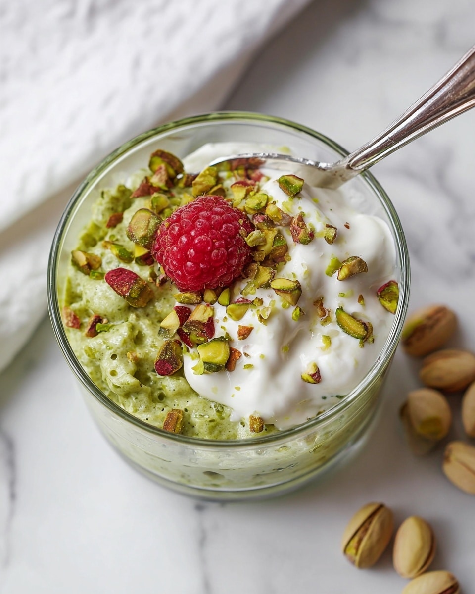 A close-up view of a transparent glass bowl filled with three main layers: a green, creamy layer at the bottom that looks thick and textured; a middle fluffy white creamy layer with some air bubbles; and the top layer is scattered with chopped green pistachio nuts and a single red raspberry positioned near the center. A metal spoon is partially inside the bowl resting near the bottom right. The bowl sits on a white marbled surface with two whole pistachio nuts visible near the top right outside the bowl. A white cloth is shown on the top left corner. photo taken with an iphone --ar 4:5 --v 7