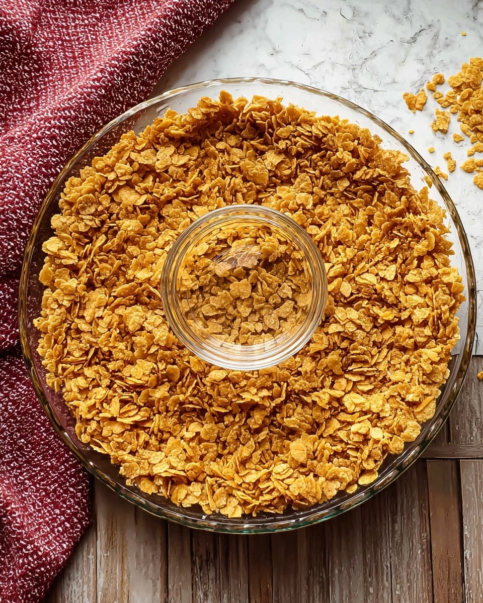 A glass pie dish filled with an even layer of crushed golden-brown cornflakes, pressed flat to form a thick crust base. In the center of the dish, a small clear glass bowl is placed upside down, creating a round indentation in the cornflakes. The dish sits on a white marbled surface with a red and white textured towel partially visible on the left side of the image. Photo taken with an iphone --ar 4:5 --v 7