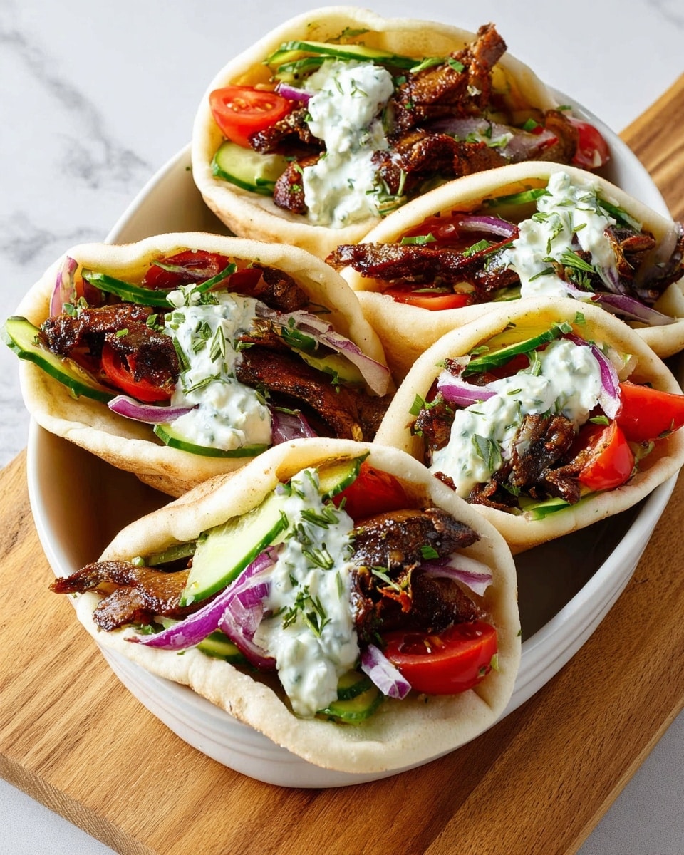 A close-up shows a woman's hand holding a pita bread pocket filled with several colorful layers. The base layer is the soft, light beige pita bread. Inside, there are thick, bright green cucumber slices at the bottom, topped with small, red cherry tomato halves. Above that, there is a generous layer of dark brown, crispy cooked mushrooms. On top, there is a dollop of creamy white sauce with small green herbs mixed in. The background shows more pita pockets filled the same way, all set against a white marbled surface. photo taken with an iphone --ar 4:5 --v 7