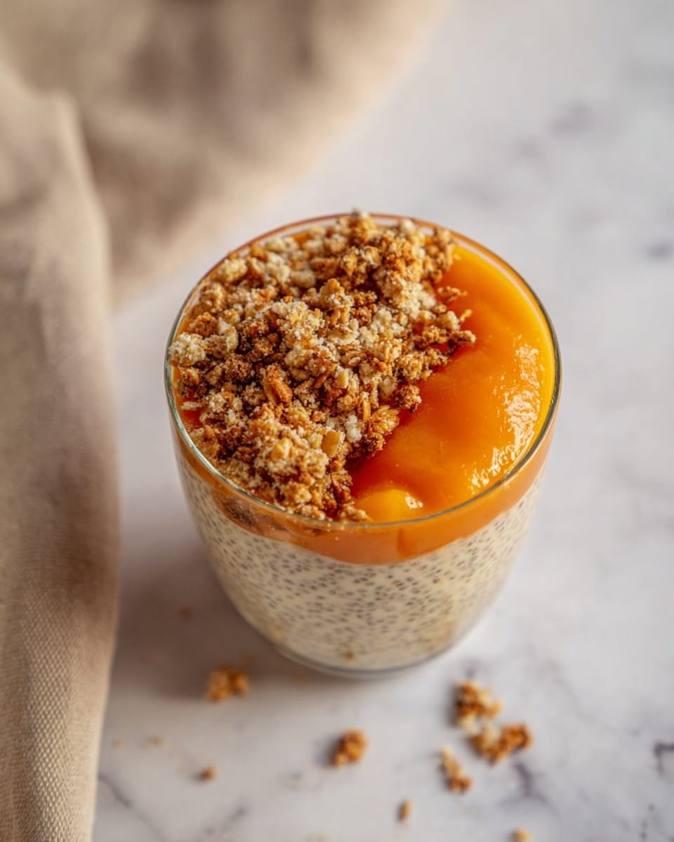 A clear glass filled with three visible layers sits on a white marbled surface, with a beige cloth in the background. The bottom layer is creamy with small chia seeds spread evenly, showing a light beige color and soft texture. On top of that, half of the surface is covered with a smooth, bright orange layer of fruit puree, likely apricot or peach, with a glossy finish. The remaining half of the surface is topped with a golden-brown crumbly granola, coarse in texture, scattered slightly beyond the edges of the glass onto the white marbled surface. photo taken with an iphone --ar 4:5 --v 7