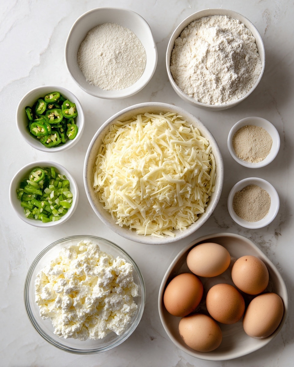 The image shows several white bowls and containers on a white marbled surface, each holding a different ingredient. At the center is a large white bowl filled with shredded pale yellow cheese. To its left is a medium white bowl with all-purpose flour, bright white and powdery. Below the flour is a clear container holding a dozen brown eggs with smooth shells. Next to the eggs is another medium white bowl filled with cottage cheese that looks lumpy and white. To the upper left of the cheese bowl are two small white bowls each holding diced green chilies with a shiny, light green color. Below these is a small white bowl filled with pieces of crispy cooked bacon, showing deep reddish-brown colors. Near the cottage cheese bowl is a small divided white dish containing baking powder, garlic powder, and onion powder, each in small heaps of light beige and off-white powder. Photo taken with an iphone --ar 4:5 --v 7