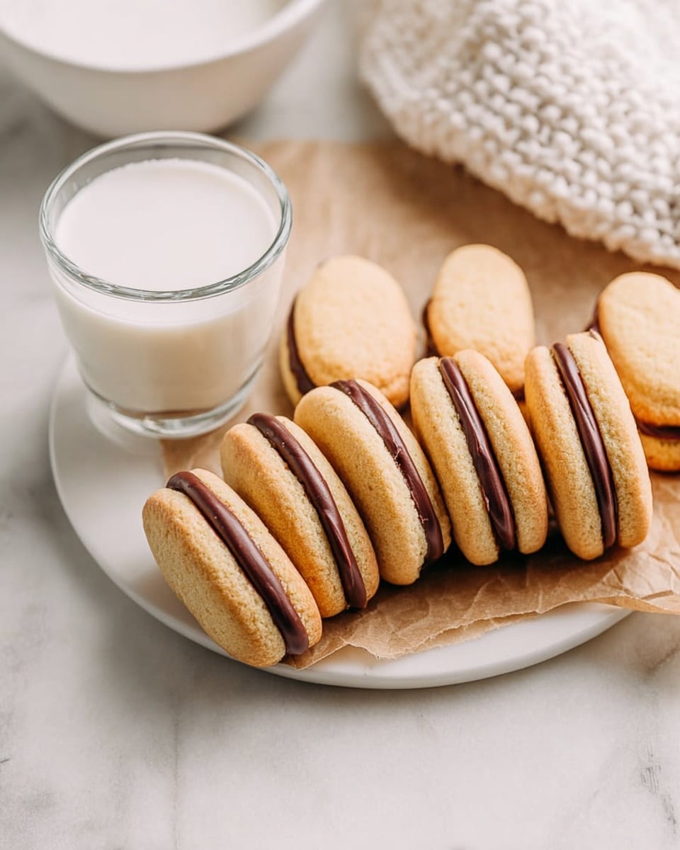 The image shows seven sandwich cookies arranged in a row on a piece of brown paper, placed on a white plate with a white marbled texture surface underneath. Each cookie has two light golden-brown oval layers with a smooth, dark brown chocolate filling visible in between. To the left of the cookies, there is a clear glass filled with white milk. In the background, part of a white bowl and a white textured cloth are visible, adding softness to the scene. photo taken with an iphone --ar 4:5 --v 7