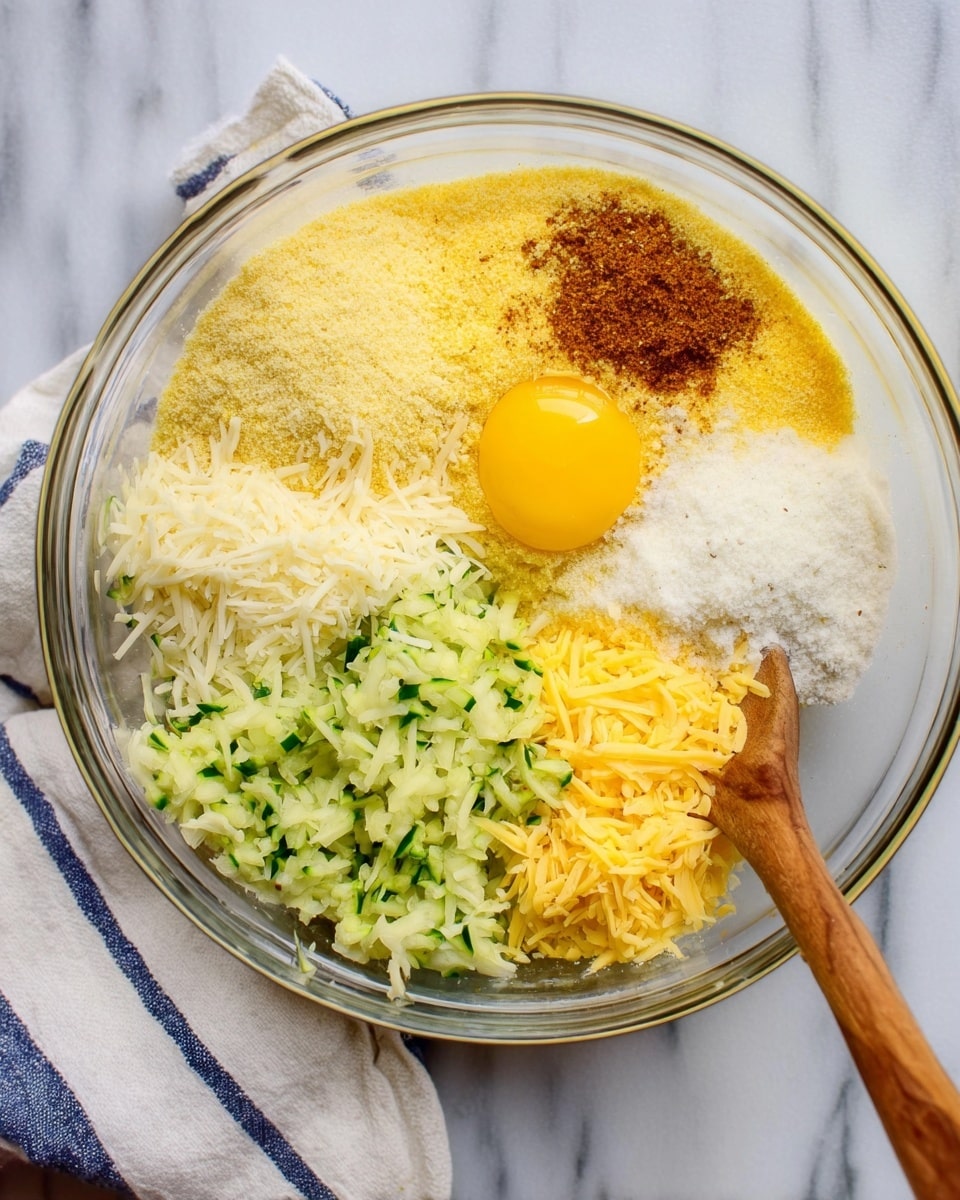 A clear glass bowl on a white marbled surface holds several separate layers of ingredients for cooking. One layer is pale yellow fine cornmeal, another is bright yellow shredded cheese mixed with white shredded cheese. There is a half cup of finely grated zucchini with visible green and white textures, a bright yellow raw egg yolk sitting near the center, and a pile of white grated cheese. In the top corner of the bowl is a small pile of brown spice powder. A wooden spoon rests on the edge of the bowl with its handle extending outwards, and a white cloth with blue stripes lies beside it. Photo taken with an iphone --ar 4:5 --v 7