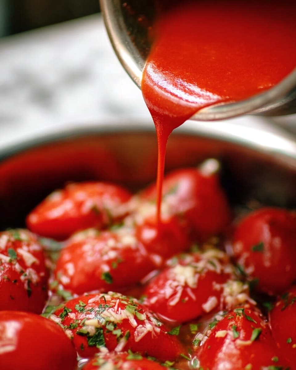 A shiny silver pot pours smooth, bright red sauce over a group of halved red tomatoes that sit closely together, each topped with green and white herbs. The tomatoes are fresh and glossy, with a soft texture. The background has a white marbled texture, making the colors stand out clearly. Photo taken with an iphone --ar 4:5 --v 7