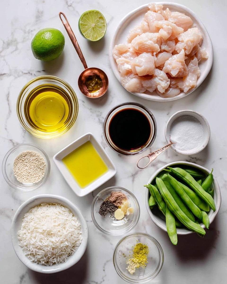The image shows various cooking ingredients arranged neatly on a white marbled surface. In the top right, there is a white round plate filled with light pink, raw chicken pieces. To its left, a small clear glass bowl holds golden yellow sesame oil. Below that, a halved green lime rests beside a copper measuring spoon with dark honey inside. A white bowl next to the lime contains a dark brown liquid labeled coconut aminos. Further down, a square white bowl holds light yellow avocado oil, while nearby a white bowl is filled with uncooked white rice. To the right of the rice, a small glass bowl holds white sesame seeds. Below the rice and seeds is a small white dish with a few piles of minced garlic, ground ginger, pepper, and lime zest. Next to this dish is a clear glass bowl with transparent rice vinegar. On the bottom right, a white bowl is filled with bright green fresh green beans. The arrangement is clean and colorful, all placed on a bright white marbled background. Photo taken with an iphone --ar 4:5 --v 7