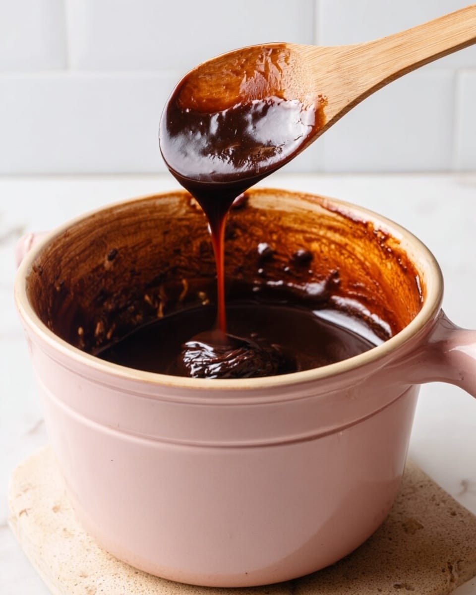 A light pink pot on a white marbled surface holds thick, dark brown chocolate sauce inside, with the walls of the pot smeared with the sauce. A wooden spoon lifts the sauce, showing it dripping slowly back into the pot. The background is white tile, and the overall look is warm and rich. photo taken with an iphone --ar 4:5 --v 7
