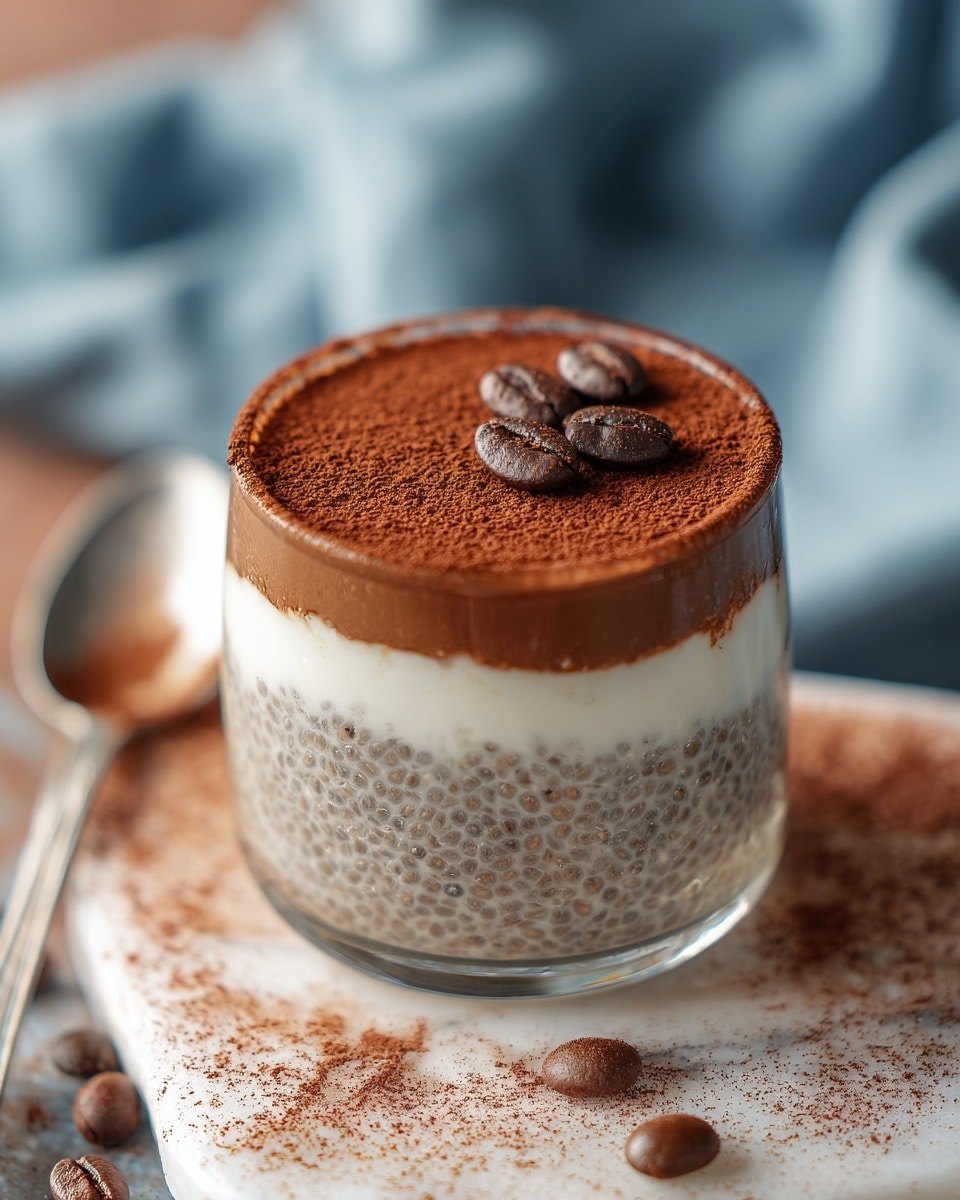 A clear glass cup holds a dessert with three distinct layers: the bottom layer is a light brown chia pudding with visible seeds and textured bubbles, the middle layer is smooth and white, and the top layer is a rich dark brown cocoa powder dusting that also lines the rim of the glass. Three cocoa-coated coffee beans sit on top as decoration. The glass rests on a white marbled surface sprinkled with cocoa powder and scattered whole coffee beans, with a soft blue cloth and a silver spoon nearby in the blurred background. Photo taken with an iphone --ar 4:5 --v 7