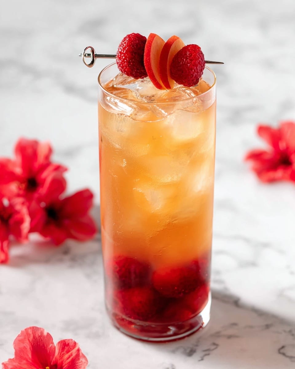 A tall clear glass filled with a layered drink showing a deep red color at the bottom that blends upwards into a light amber shade, with ice cubes floating near the middle and top. Inside the glass, dark red raspberries are visible near the bottom layer. Two red fruit slices are placed on top of the glass, skewered with a silver cocktail pick. The drink is set on a white marbled surface with scattered red flowers around, creating a fresh and bright look. photo taken with an iphone --ar 4:5 --v 7