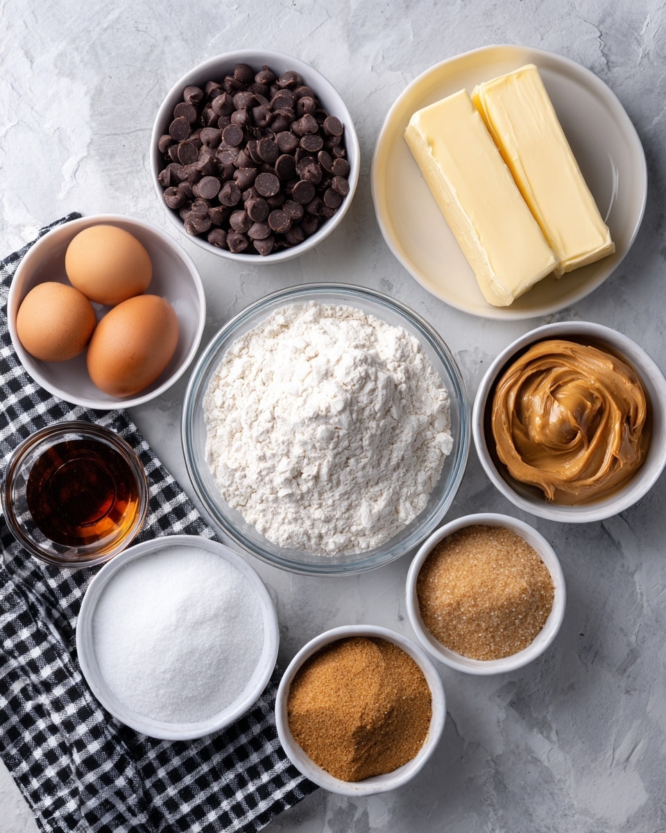 A top view of various baking ingredients arranged on a white marbled surface: a large clear glass bowl filled with white flour in the center, surrounded by other ingredients in small white bowls and glass bowls. At the top left, a bowl full of dark brown chocolate chips, to the right two sticks of yellow salted butter, and further right a white bowl holding creamy peanut butter. Below the peanut butter, a small glass bowl with white baking soda. Near the bottom right, a white bowl with light brown brown sugar, next to it a small glass bowl with dark amber vanilla extract. To the left, a glass bowl with white granulated sugar and two brown eggs resting on a black-and-white checkered cloth. The arrangement is neat and clear, showing each ingredient distinctly. Photo taken with an iphone --ar 4:5 --v 7