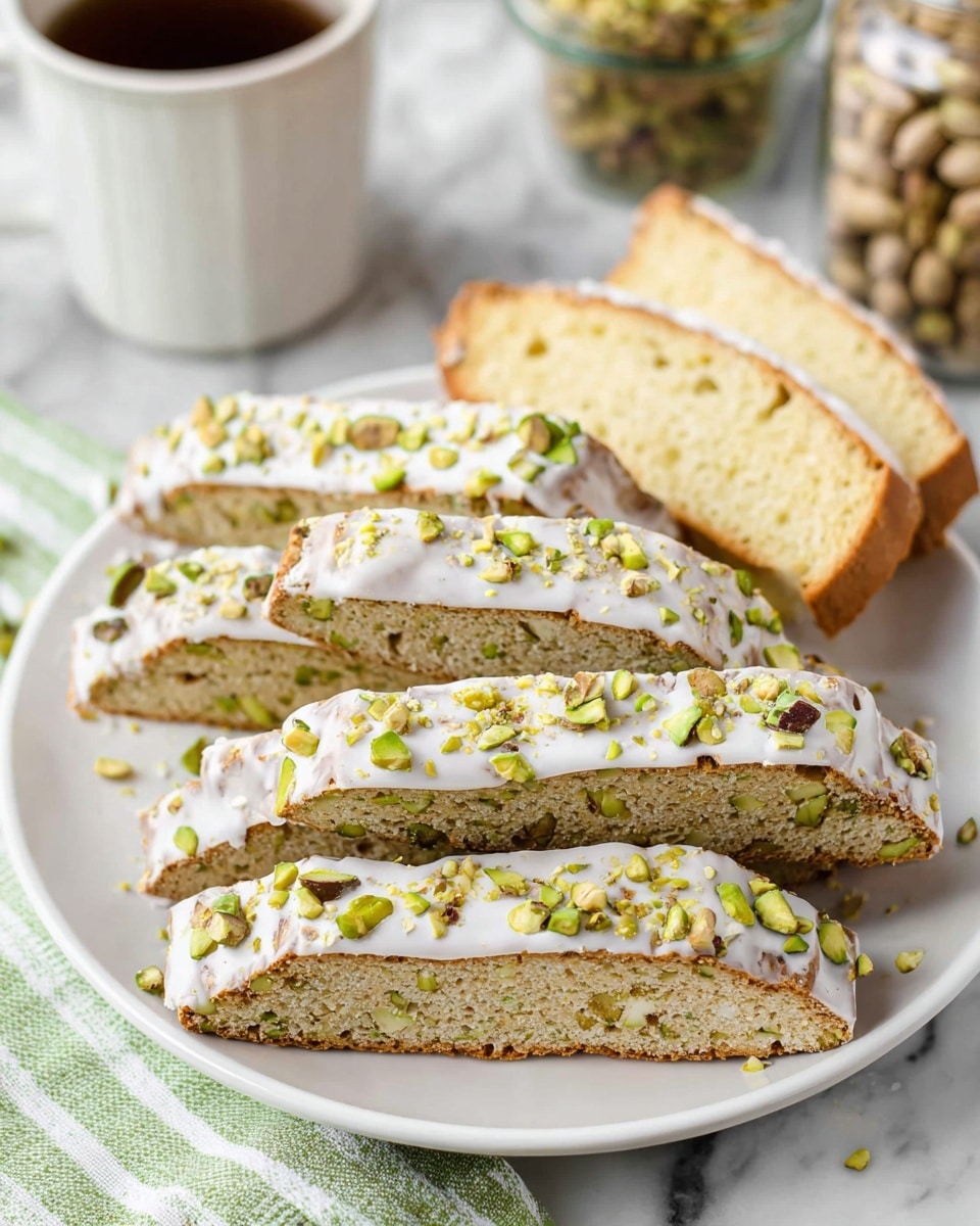 A loaf cake sits on a wire rack over a white baking tray, with white icing dripping down its golden brown sides. The icing is thick on top and sprinkled with crushed pistachios, adding a green and yellow contrast. The cake is in front of a bright white marbled surface. To the left, a clear glass bowl contains white icing with a metal whisk inside. There is also a small dish with crushed pistachios nearby. photo taken with an iphone --ar 4:5 --v 7