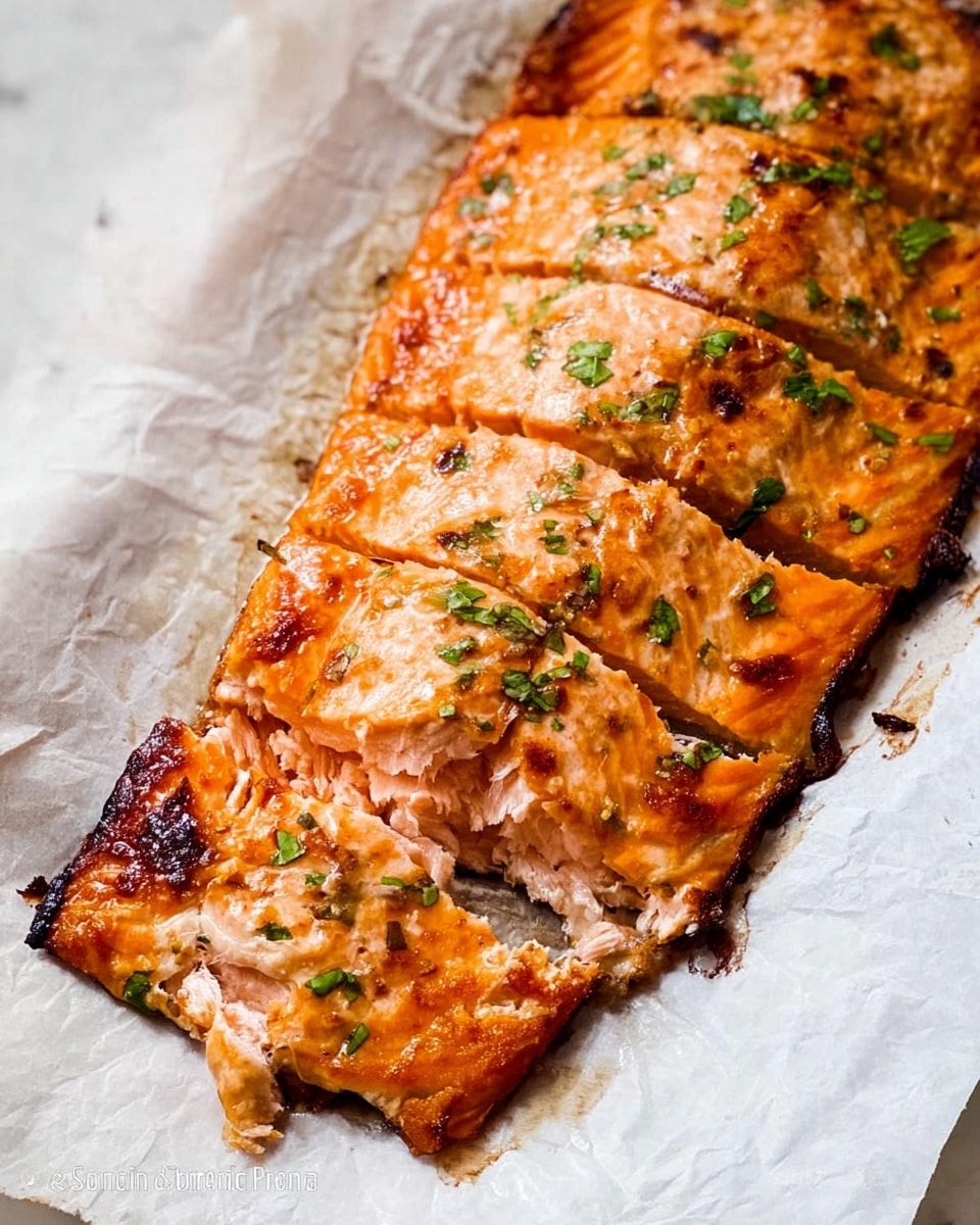The image shows a large piece of cooked salmon fillet placed on white parchment paper over a white marbled surface. The salmon is sliced into thick sections, revealing the soft, pink inside layers beneath a golden-brown, slightly crispy skin layer. Small green herbs are sprinkled on top, adding color contrast to the warm orange and golden tones of the salmon. The texture of the fish is flaky and moist, with some darker grill marks scattered across the surface. photo taken with an iphone --ar 4:5 --v 7