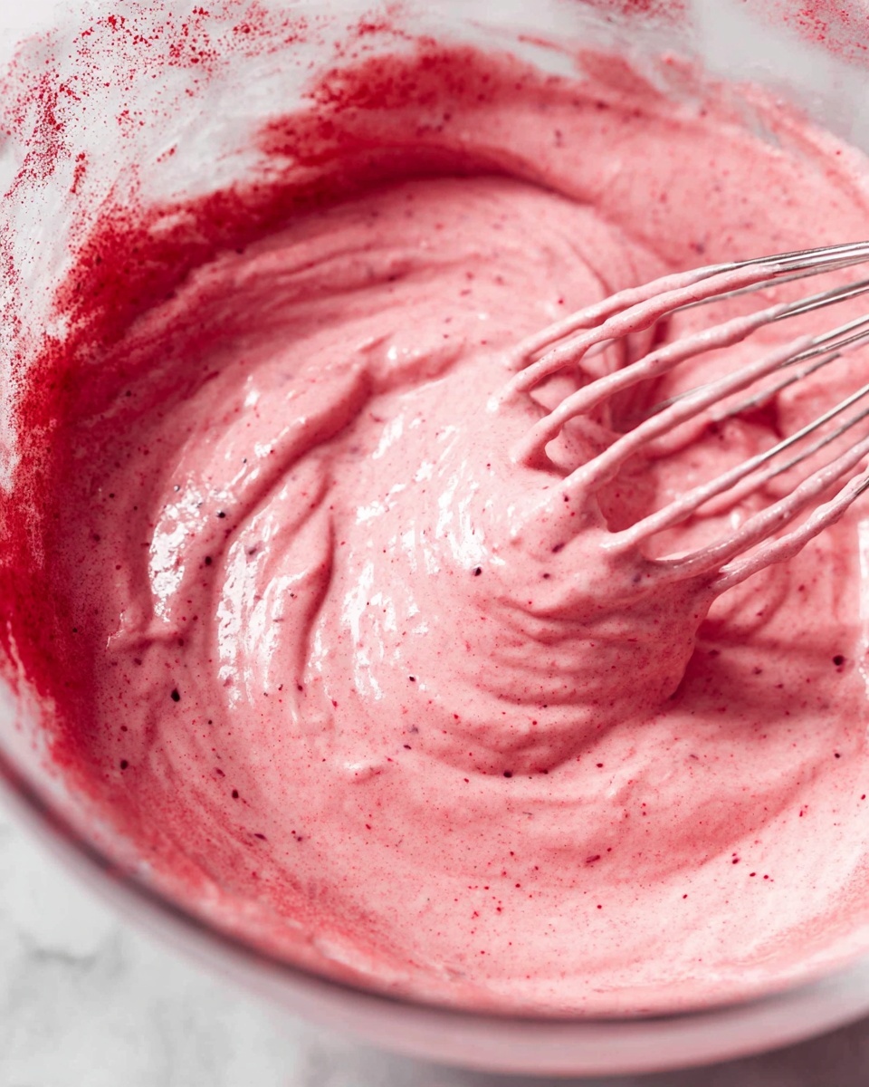 A clear glass bowl filled with thick, smooth pink batter that has small dark specks throughout, showing a creamy texture with light reflections. There is a silver metal whisk partially dipped into the batter on the right side, with batter clinging to its loops. The background is a white marbled texture with some red powder sprinkled around the bowl's edge, giving a hint of the ingredients used. The shot is close-up, focusing on the mix's swirling motion and glossy surface. Photo taken with an iphone --ar 4:5 --v 7