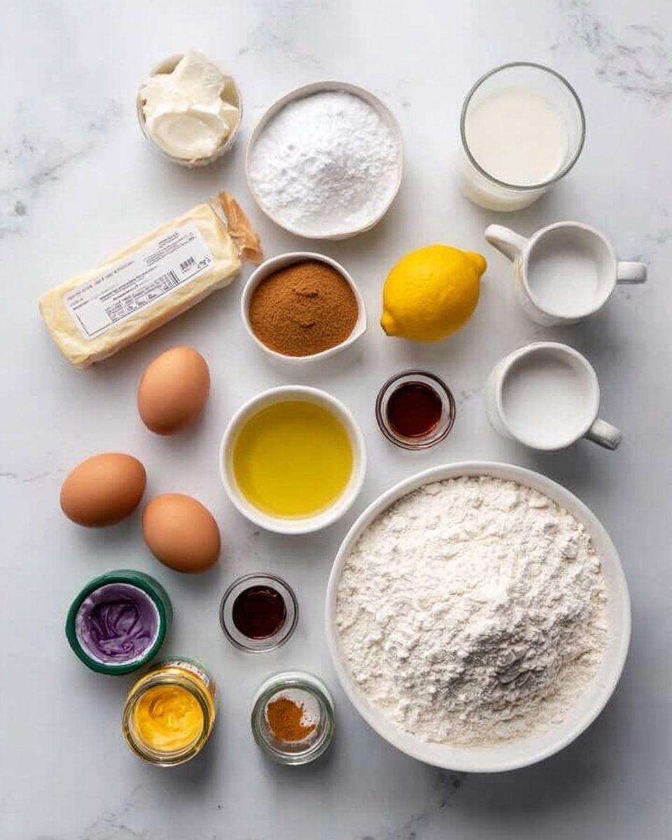 A white marbled surface with various baking ingredients arranged neatly in a loose grid. Bottom right features a large white bowl filled with white flour piled high. To its left is a smaller white bowl full of powdered sugar, with a small clear glass bowl of oil in front. Above the large flour bowl is a clear glass cup filled with milk. To the right are two white cups, one with white granulated sugar and the other with packed brown sugar. In the center left sits a stick of butter wrapped in paper, next to two brown eggs and a whole lemon slightly above. Small dishes hold vanilla extract, cinnamon, and a small quantity of yogurt, while two small jars containing purple and yellow lemon curd sit at the bottom. A green herb container is close to the lemon curd jars, all presented on the white marbled background. photo taken with an iphone --ar 4:5 --v 7