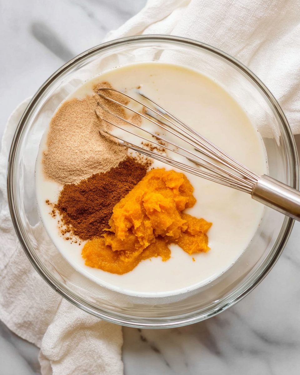 A clear glass bowl sits on a white marbled surface with a white cloth underneath. Inside the bowl, there are four separate ingredients: a smooth, creamy white liquid filling most of the bowl, a pile of light brown powder on one side, a smaller mound of dark brown spice in the center of the light brown powder, and a bright orange chunky puree on the opposite side. A metal whisk with thin wires rests inside the bowl, partially lying on the orange puree and brown powder, its handle extending outside the bowl. Photo taken with an iphone --ar 4:5 --v 7