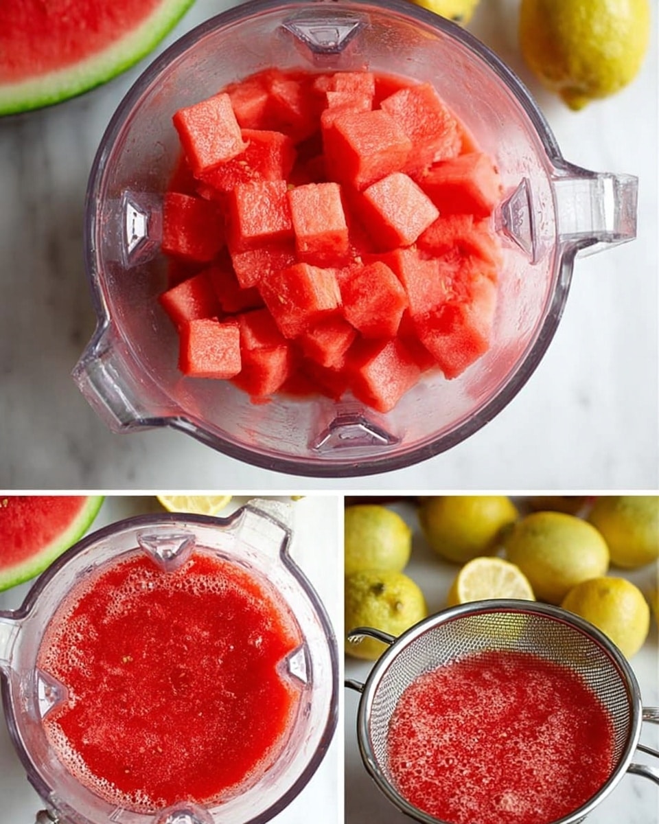 The image shows three stages of making watermelon juice. The first stage has evenly cut bright red watermelon cubes placed inside a clear blender bowl on a white marbled surface, with a blurred half watermelon and yellow lemons in the background. The second stage shows the blender bowl filled with red watermelon juice, still on the white marbled surface with the lemons and half watermelon visible behind. The last stage shows the juice being strained through a metal sieve, capturing some watermelon pulp below, all on a white marbled background. photo taken with an iphone --ar 4:5 --v 7