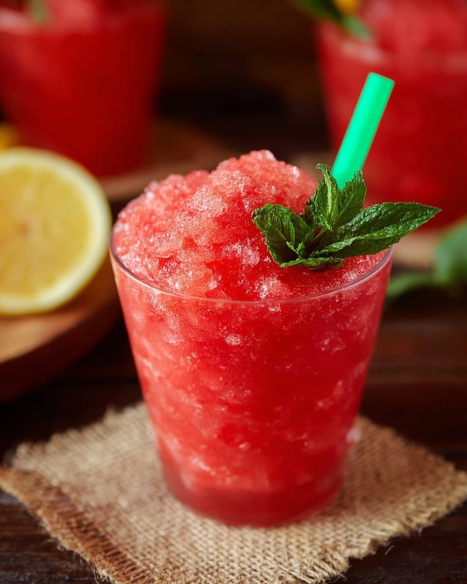 A clear glass filled with bright red icy slush, piled high above the rim with a rough, icy texture. A green straw is inserted near the top, beside a fresh green mint leaf resting on the surface of the slush. The glass sits on a rough brown fabric placemat over a dark wooden table, with blurred red and pink drinks in similar clear glasses in the background and a sliced lemon with a yellow drink container on the left side. The setting rests on a white marbled surface. Photo taken with an iphone --ar 4:5 --v 7