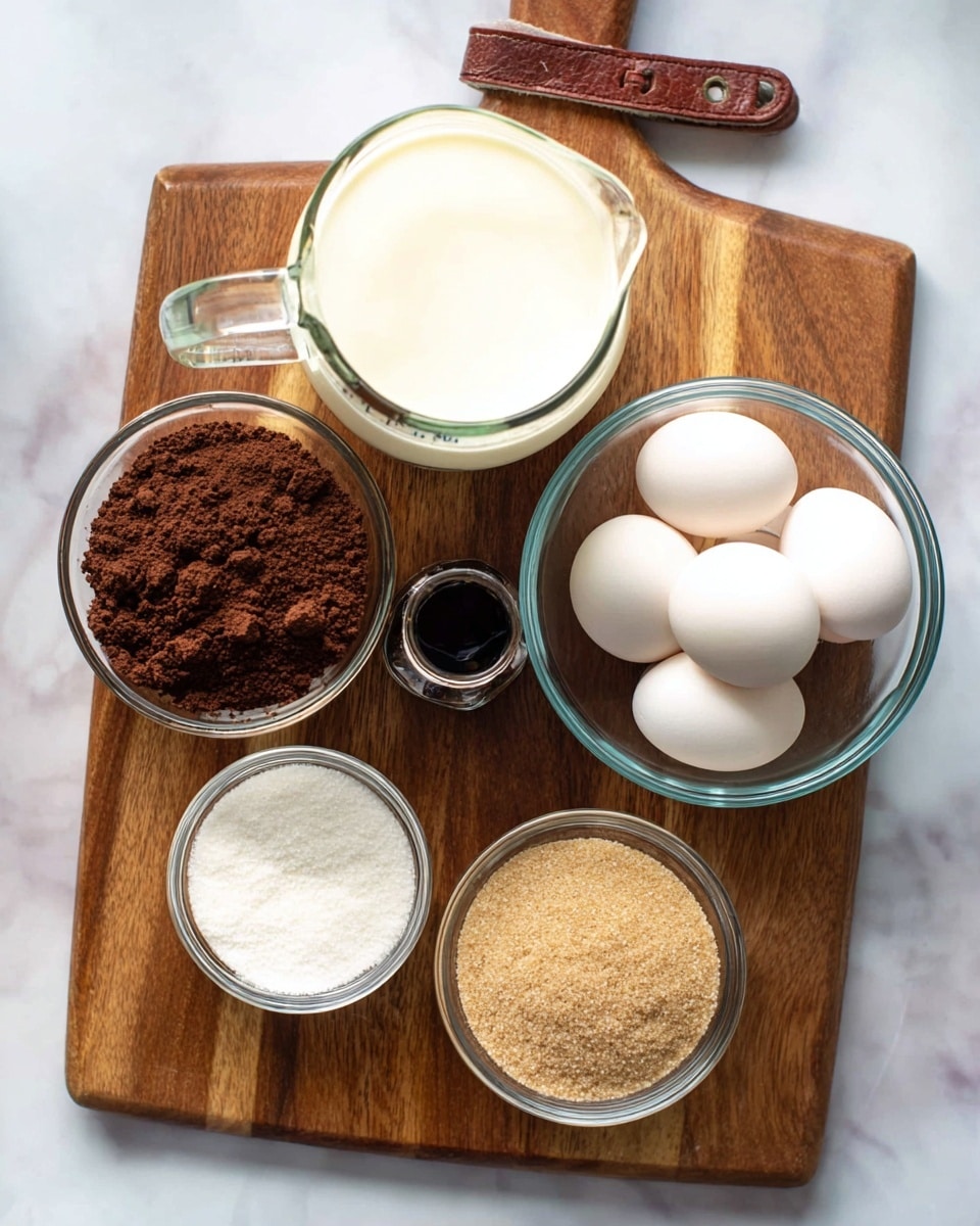 A wooden board on a white marbled surface holds six glass containers with baking ingredients arranged neatly. In the top center is a large measuring cup filled with white liquid cream. To the right is a medium clear bowl with six white eggs clustered inside. Below the measuring cup is a small dark bottle, likely vanilla extract. On the left side, a small glass jar contains dark brown cocoa powder, next to a glass bowl with white granulated sugar. Below the sugar is another glass bowl filled with light brown sugar. The wooden board has a handle with a leather strap looped through it. Photo taken with an iphone --ar 4:5 --v 7