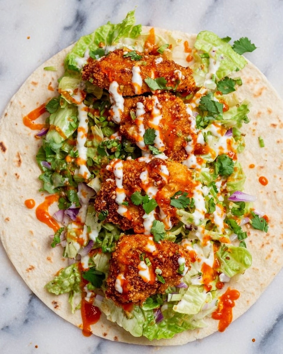 A tortilla lies flat on a white marbled surface, layered with fresh green lettuce spread evenly as the base. On top of the lettuce, there are three pieces of golden-brown crispy fried chicken, arranged in a straight line down the center. The chicken is topped with a drizzle of white creamy sauce and a bright orange hot sauce, both zigzagged across the pieces. Small green cilantro leaves are scattered over the top, adding a fresh touch. Thin slices of red onion are visible mixed with the lettuce, giving a bit of purple color in between. photo taken with an iphone --ar 4:5 --v 7