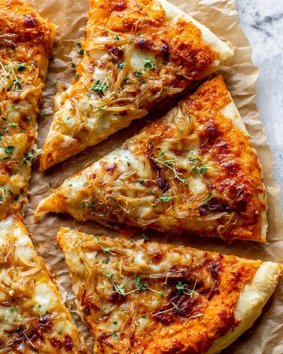 A close-up view of a pizza cut into triangular slices on brown parchment paper atop a white marbled surface. The pizza has a golden-brown crust with a slightly thick edge. The first layer is a bright orange sauce spread evenly. The second layer is melted, light golden cheese with some brown spots where it has browned. On top, there are caramelized onions that are light brown and some darker brown parts, scattered evenly across each slice. Small bits of green herbs are sprinkled on top, adding a fresh color contrast. The texture of the crust looks soft inside but crisp outside. Photo taken with an iphone --ar 4:5 --v 7