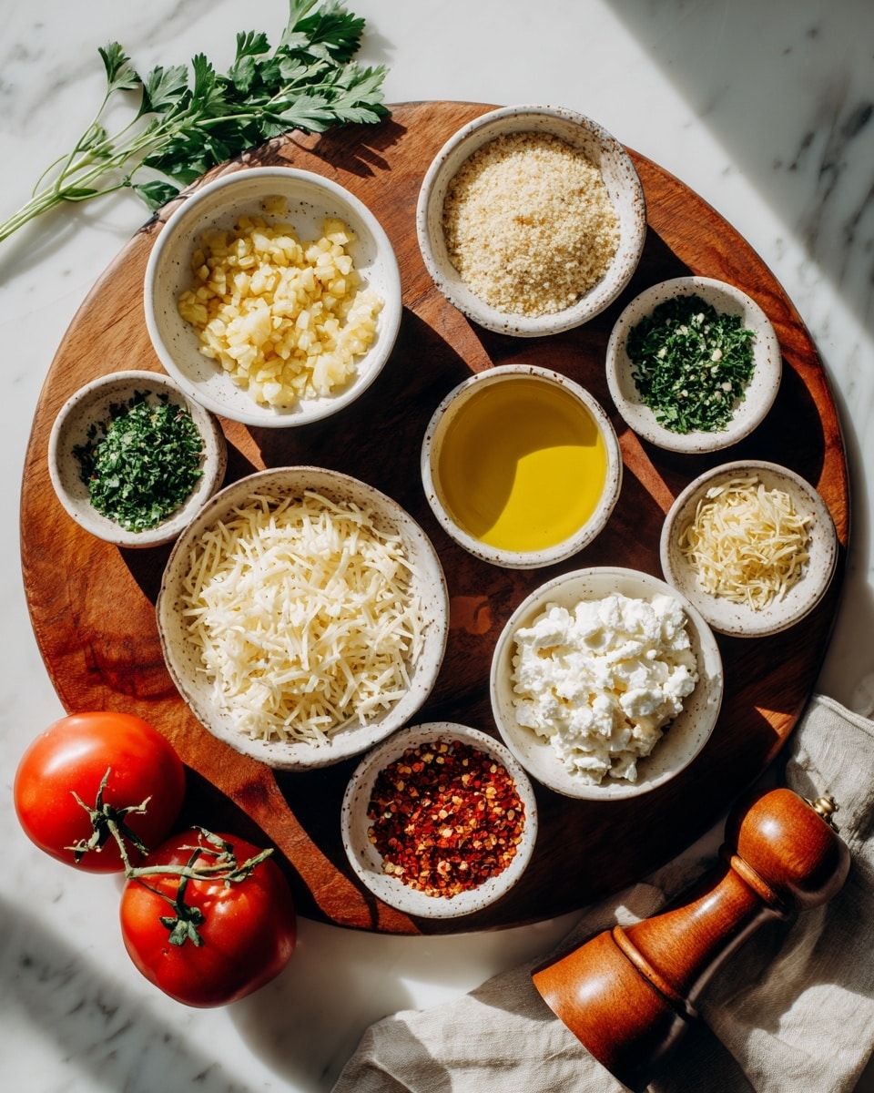 The image shows various small white bowls and wooden bowls arranged on a round wooden board placed on a white marbled surface. The bowls contain brightly colored ingredients: light yellow minced garlic in a small speckled white bowl, beige panko breadcrumbs in a white bowl, finely chopped green parsley in a white bowl, pale yellow lemon zest in a small light brown bowl, white Parmesan cheese in a white bowl, white cottage cheese with a chunky texture in a white bowl, and golden yellow olive oil in a small white bowl. There are also two bright red tomatoes with green stems at the bottom left, and a small brown bowl with red pepper flakes. A folded beige cloth and a wooden pepper grinder are partially visible at the bottom right. The whole setup is lit with natural light showing soft shadows, photo taken with an iphone --ar 4:5 --v 7