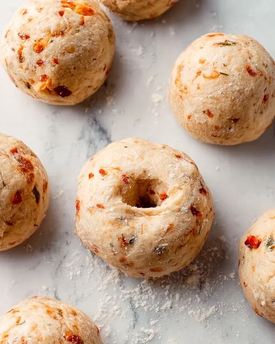 The image shows several round dough balls placed on a white marbled surface sprinkled with flour. One dough ball stands out with a small hole in the center, resembling a ring shape. The dough is light beige with small bits of red and orange ingredients, giving it a slightly textured look. The dough pieces vary slightly in shape but are generally round and soft in appearance. photo taken with an iphone --ar 4:5 --v 7