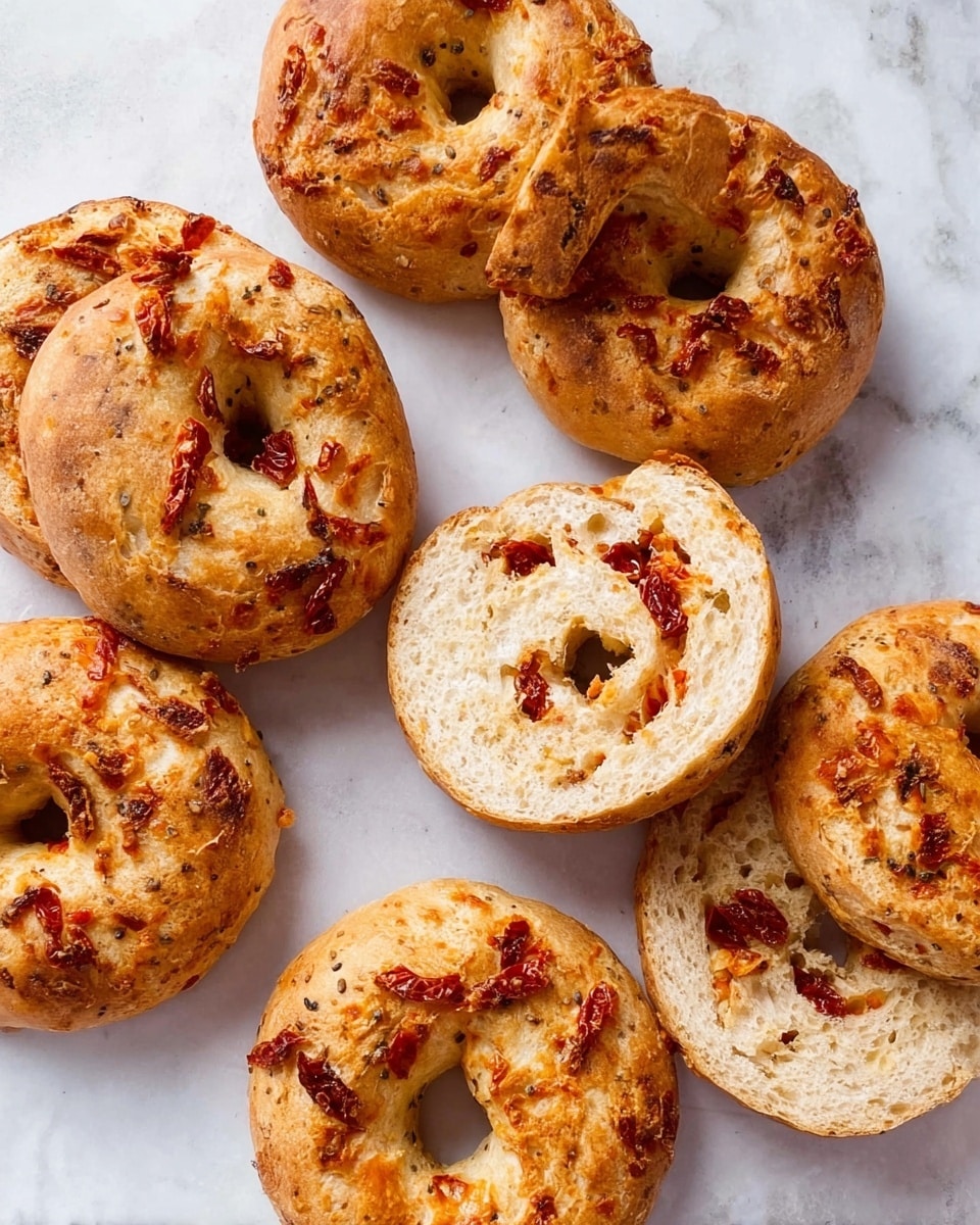 The image shows seven round bagels with a slightly rough and golden-brown crust on a white marbled surface. Most bagels are whole, but one is sliced horizontally into two halves, revealing a soft, light beige inside with scattered pieces of dark red sun-dried tomatoes embedded throughout. The bagels have a textured surface with small cracks and some slightly darker toasted spots, especially near the edges. The overall color palette includes warm golden tones with deep red accents inside the bagels. photo taken with an iphone --ar 4:5 --v 7