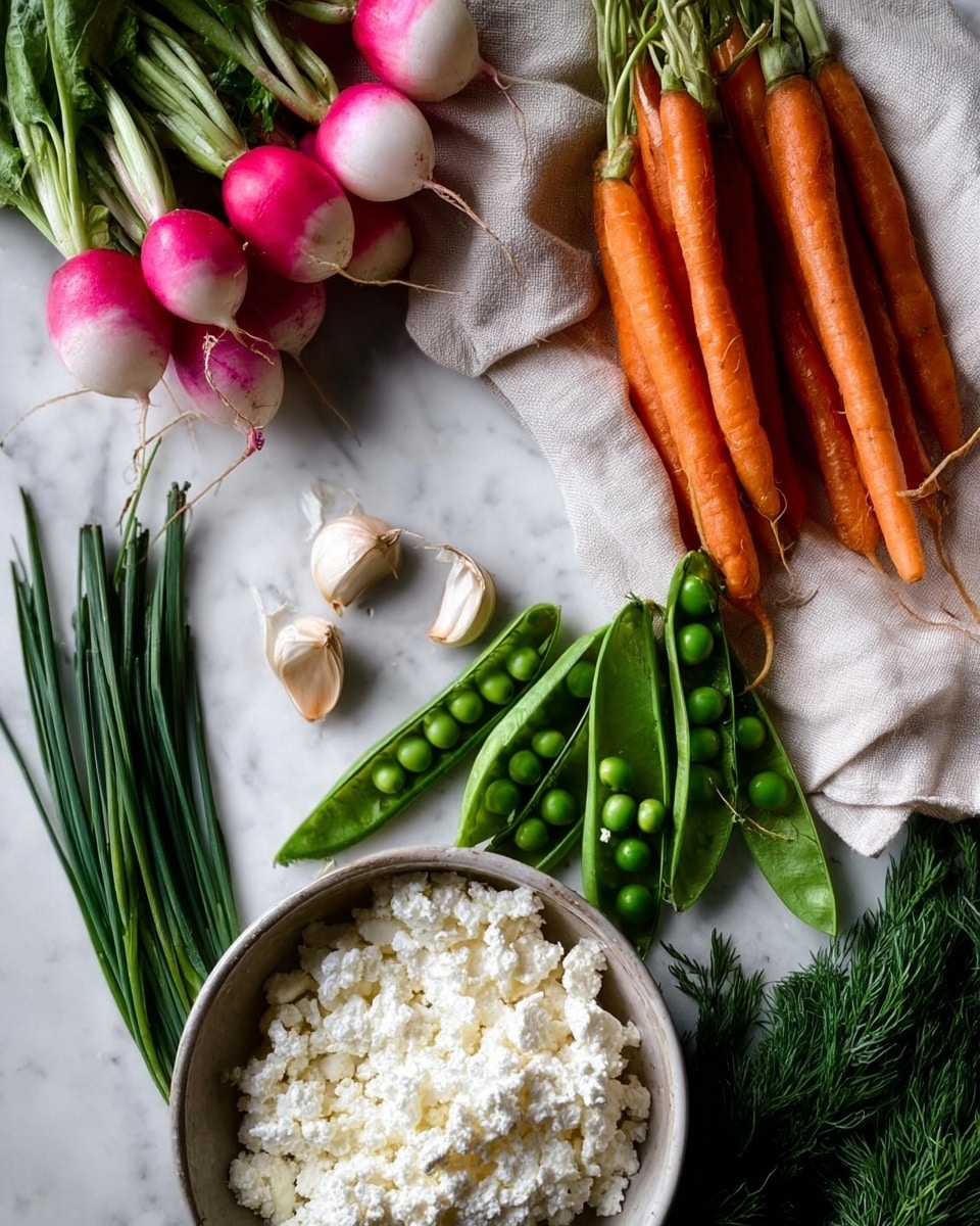 The image shows fresh vegetables and cheese on a white marbled surface. At the top left, there are radishes with pink and white colors, their roots hanging down, next to a bunch of orange carrots placed on a light beige cloth. Below the carrots are whole and opened green pea pods with small round peas inside. Near the peas is a garlic bulb broken into white cloves. To the bottom left are long, thin, dark green chives laid out in a bunch. On the bottom right, there is a white bowl filled with crumbly white cheese. Some green dill leaves peek in from the right edge. The scene has a fresh and natural look with soft lighting. Photo taken with an iphone --ar 4:5 --v 7