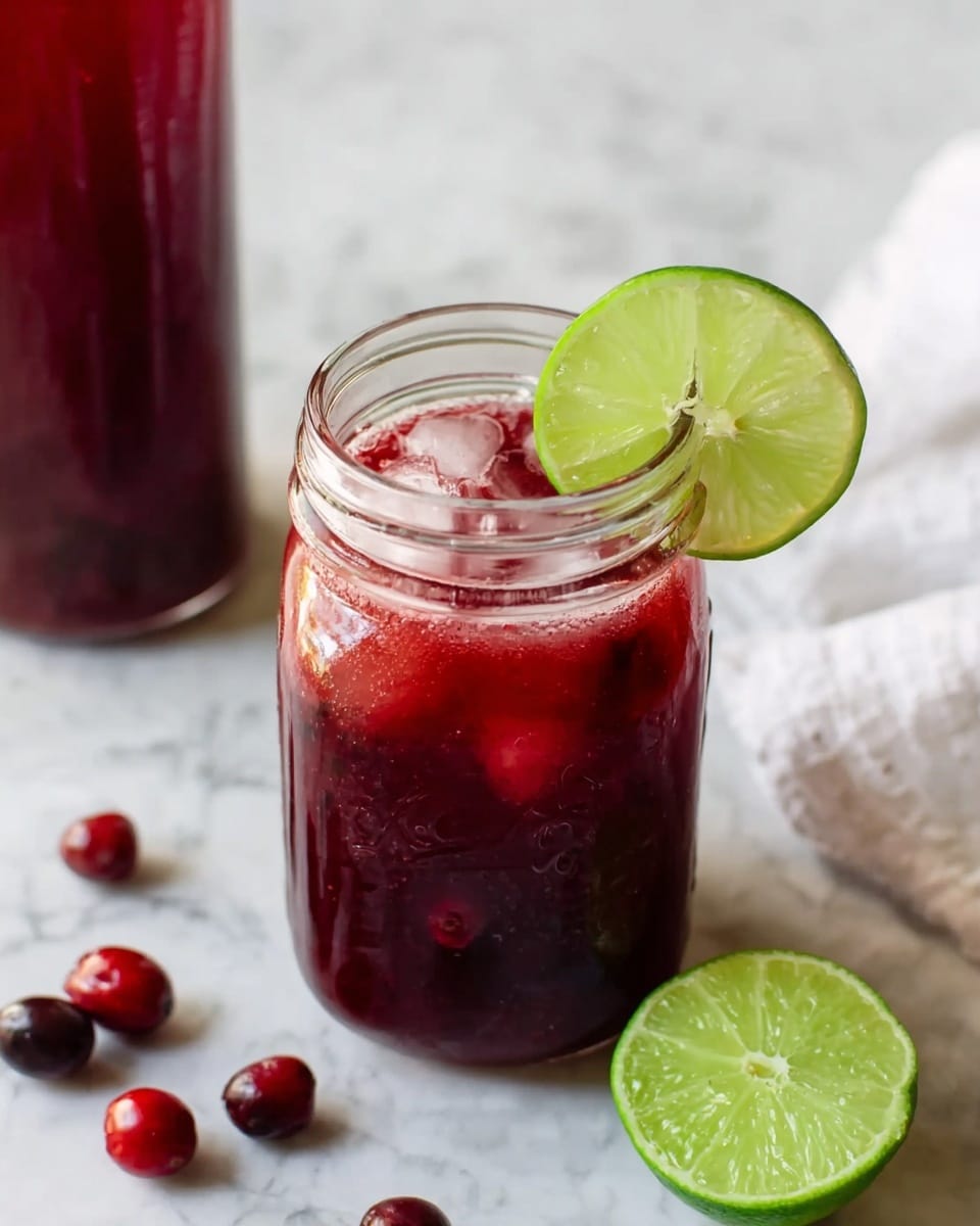 A clear glass mason jar filled with a deep red juice that has small ice cubes floating near the top, garnished with a bright green lime slice placed on the jar’s rim; the jar sits on a white marbled surface with a halved lime and three dark red cranberries scattered around it, a partially visible tall glass container with the same red juice stands behind, and a white cloth napkin lies loosely to the right side, soft natural light highlighting the colors and textures. photo taken with an iphone --ar 4:5 --v 7