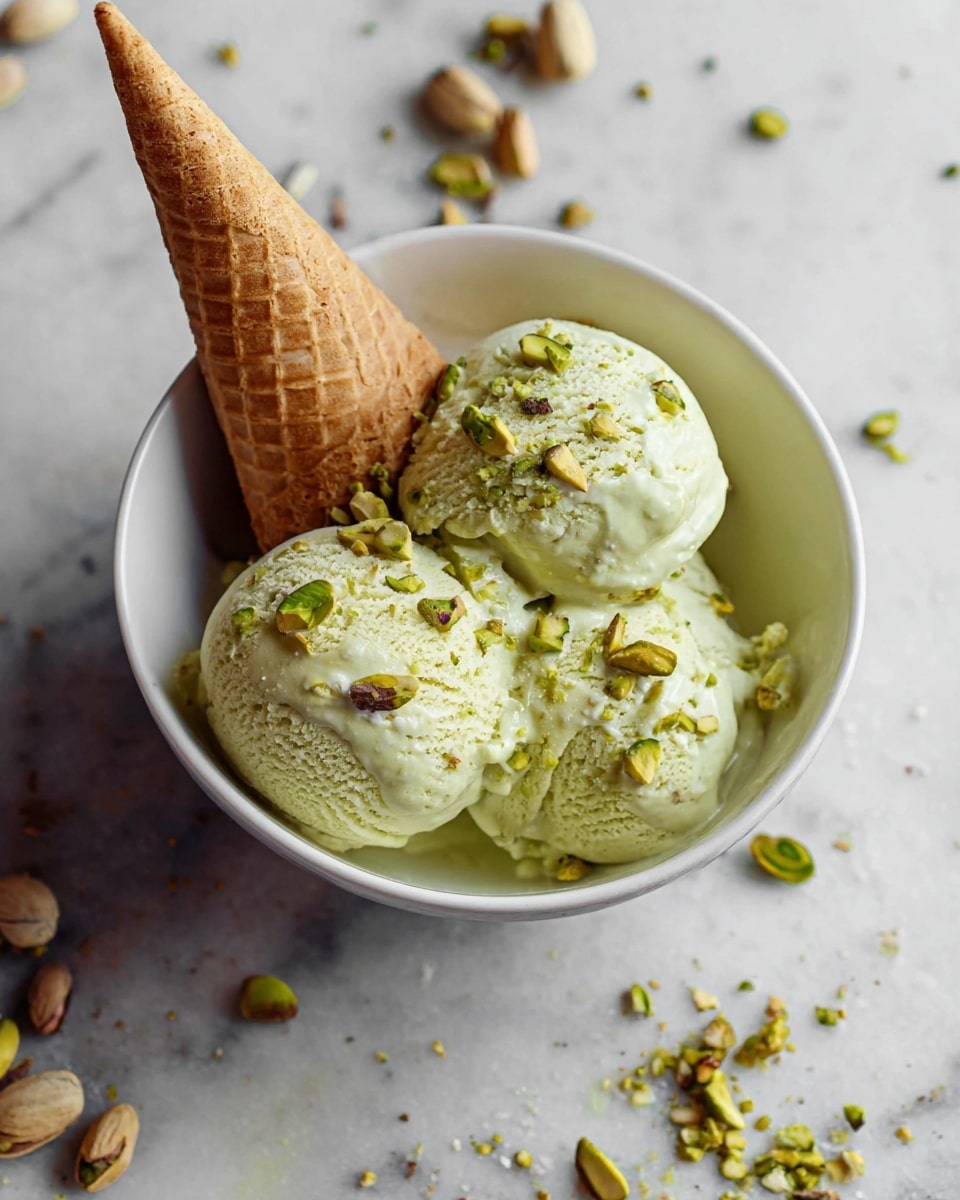 A white bowl holds three scoops of pale green pistachio ice cream topped with small green pistachio nut pieces. A light brown waffle cone is placed upside down in the middle scoop. The bowl sits on a white marbled surface scattered with pistachio nut shells and small ice cream smudges. Photo taken with an iphone --ar 4:5 --v 7