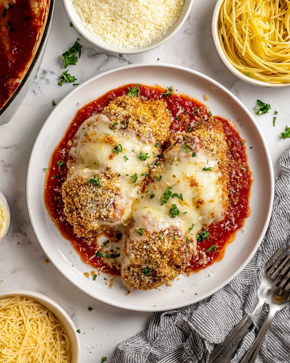 A white plate holds three baked chicken pieces, each coated in a crispy golden breadcrumb layer on top with some scattered green herbs for garnish. Beneath the crumbs, there is a melted layer of white cheese that looks soft and stretchy. Under the cheese, a bright red tomato sauce spreads across the plate, adding color around and beneath the chicken. A spoon shows one piece of chicken sliced open, revealing smooth, white cooked meat inside. Two small bowls sit behind the plate, one filled with more golden breadcrumbs, the other with white grated cheese. The scene is set on a white marbled surface with a gray and white striped cloth peeking in the corner. photo taken with an iphone --ar 4:5 --v 7